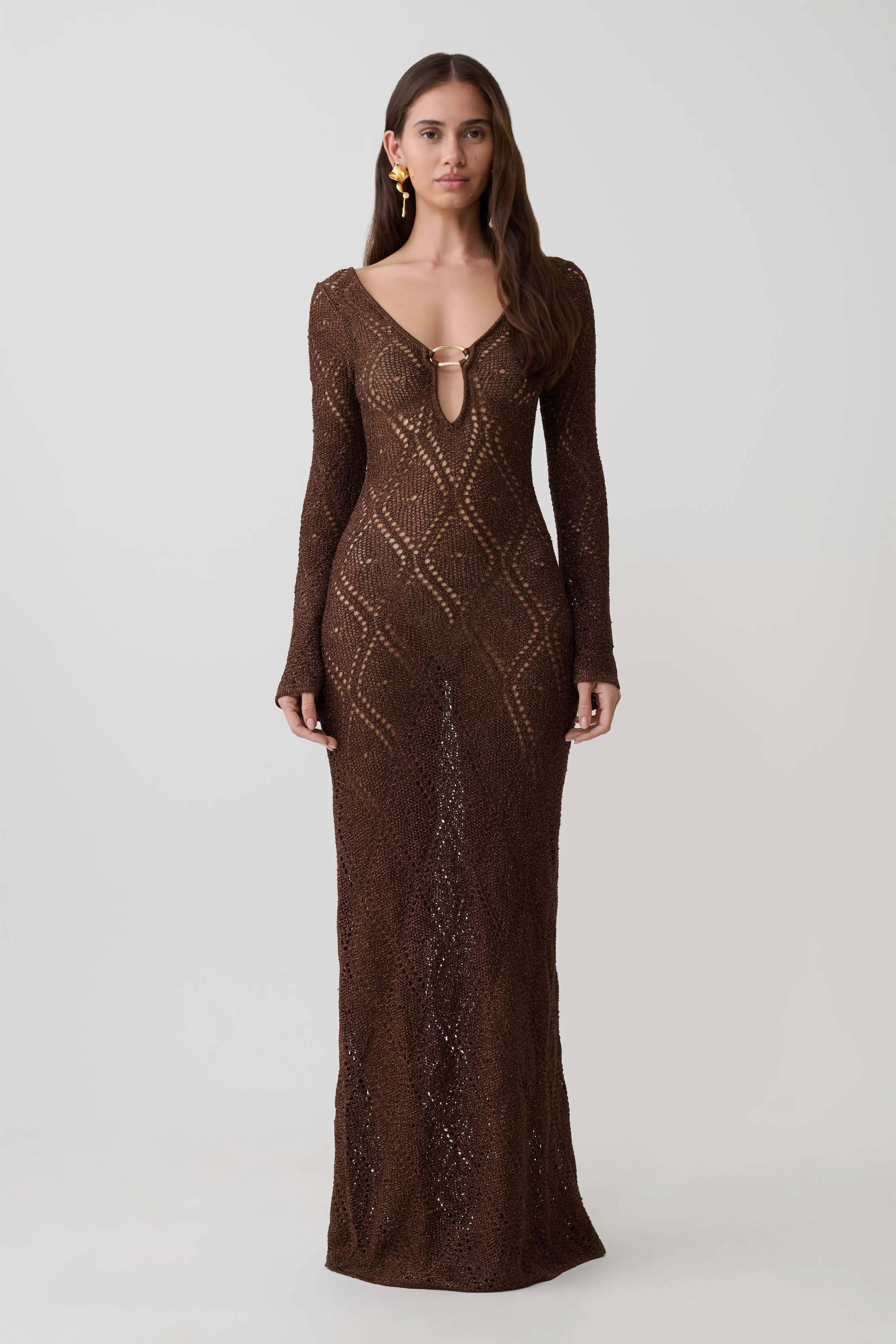 Chelsea Lurex Crochet Maxi Dress - Bronze sold by Meshki