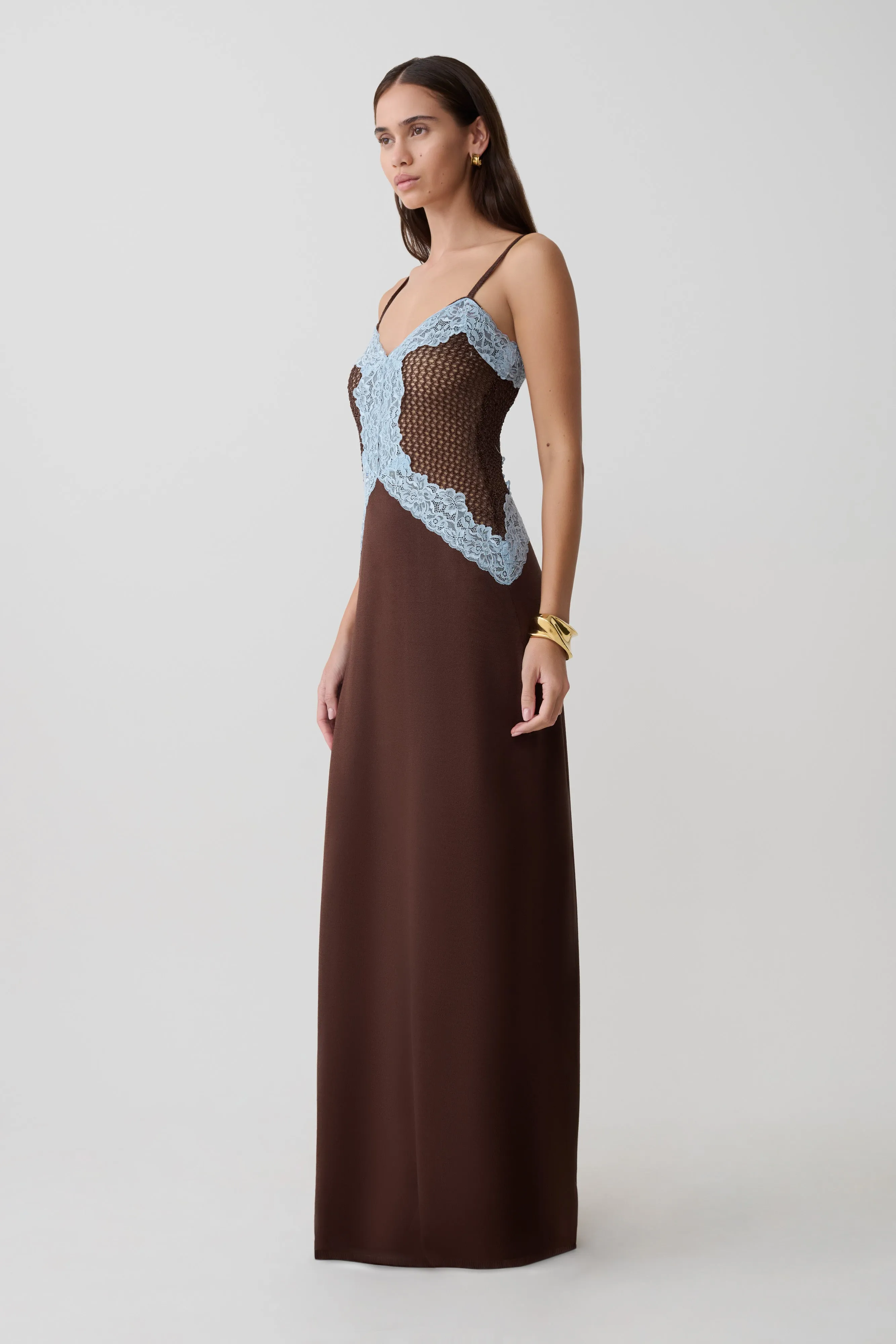 Bray Knit & Lace Maxi Dress - Chocolate/Blue sold by Meshki product image thumbnail 4
