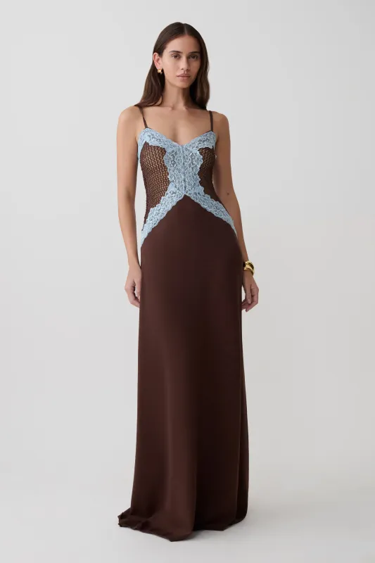 Bray Knit & Lace Maxi Dress - Chocolate/Blue made by Meshki