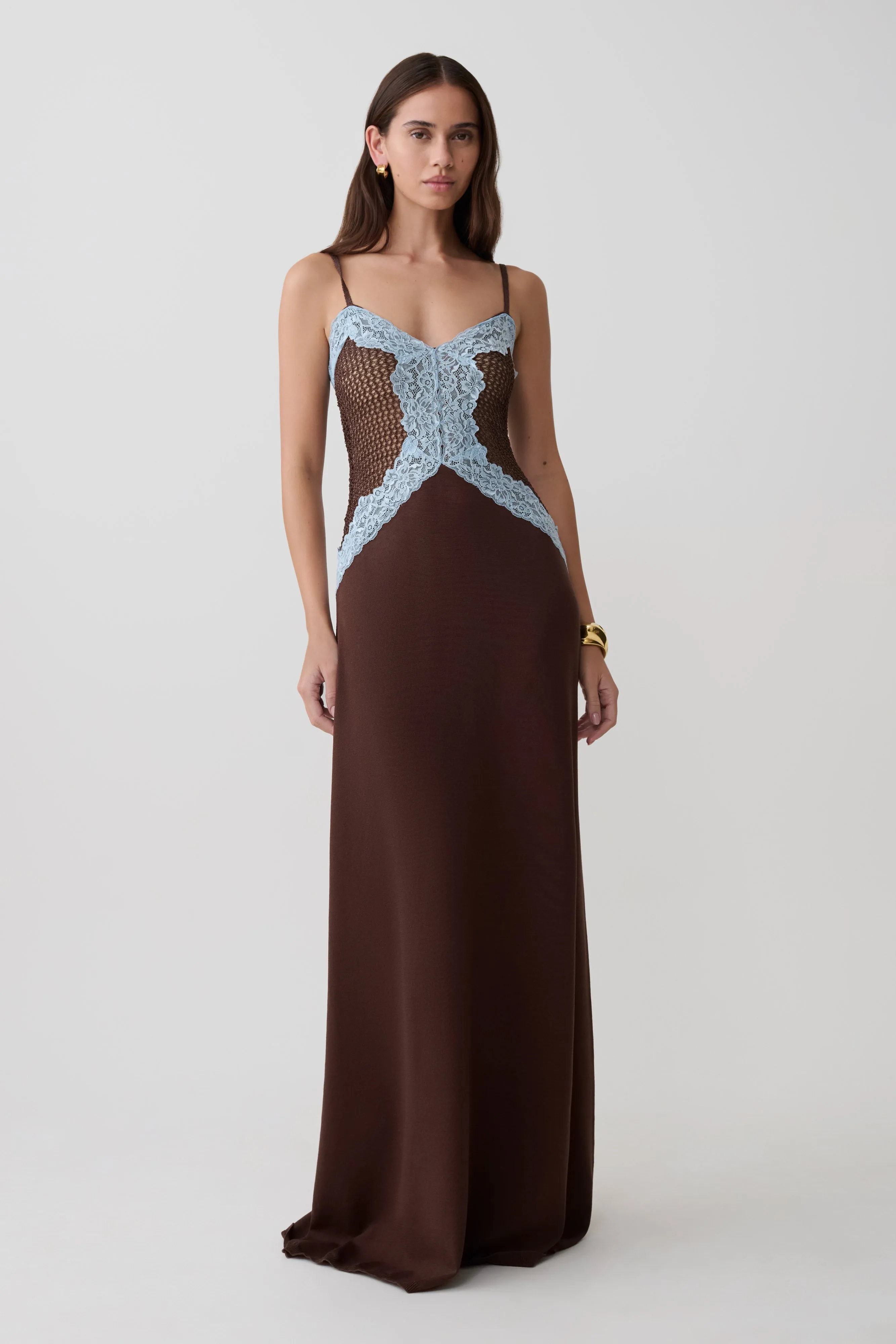 Bray Knit & Lace Maxi Dress - Chocolate/Blue sold by Meshki