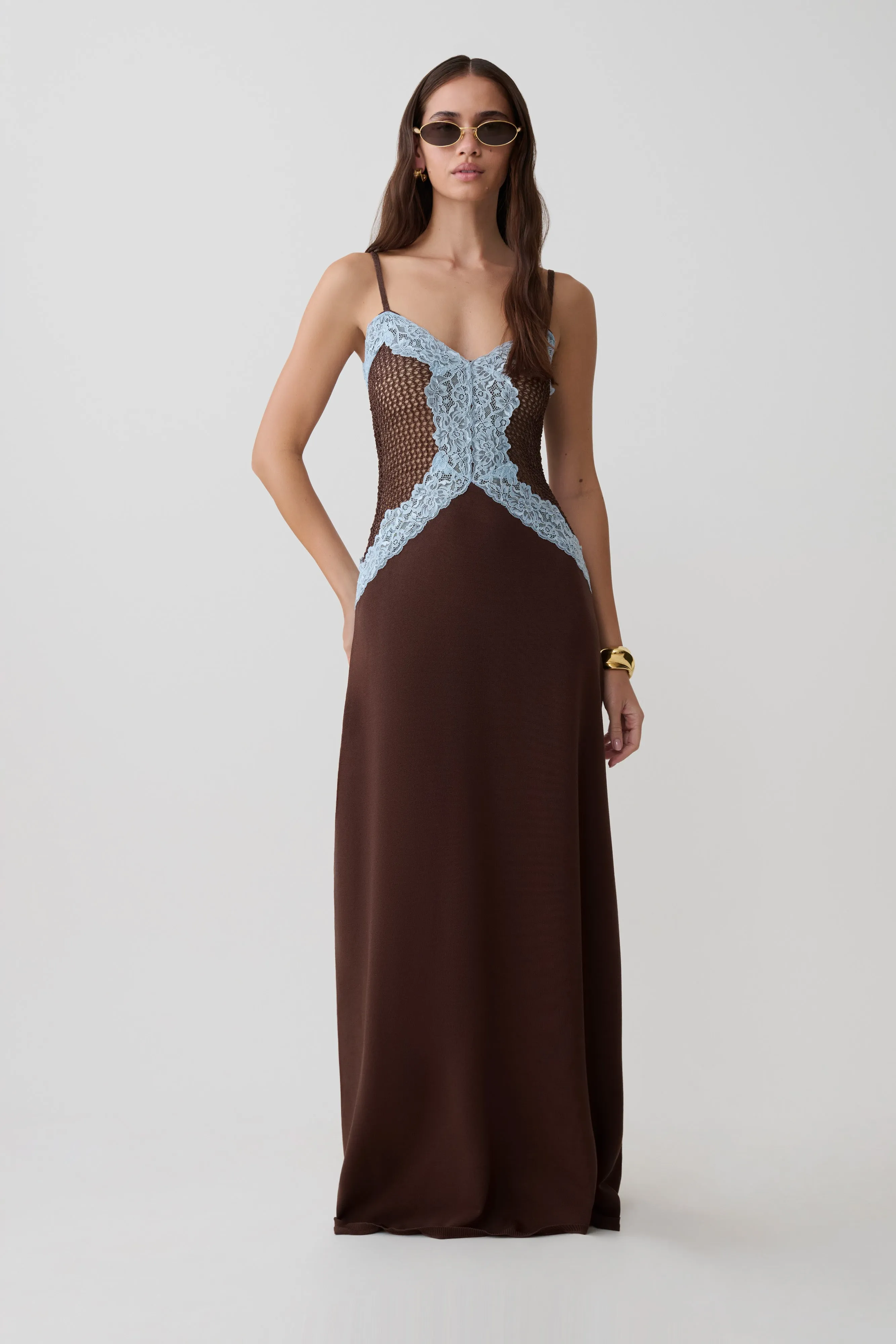 Bray Knit & Lace Maxi Dress - Chocolate/Blue sold by Meshki product image thumbnail 5