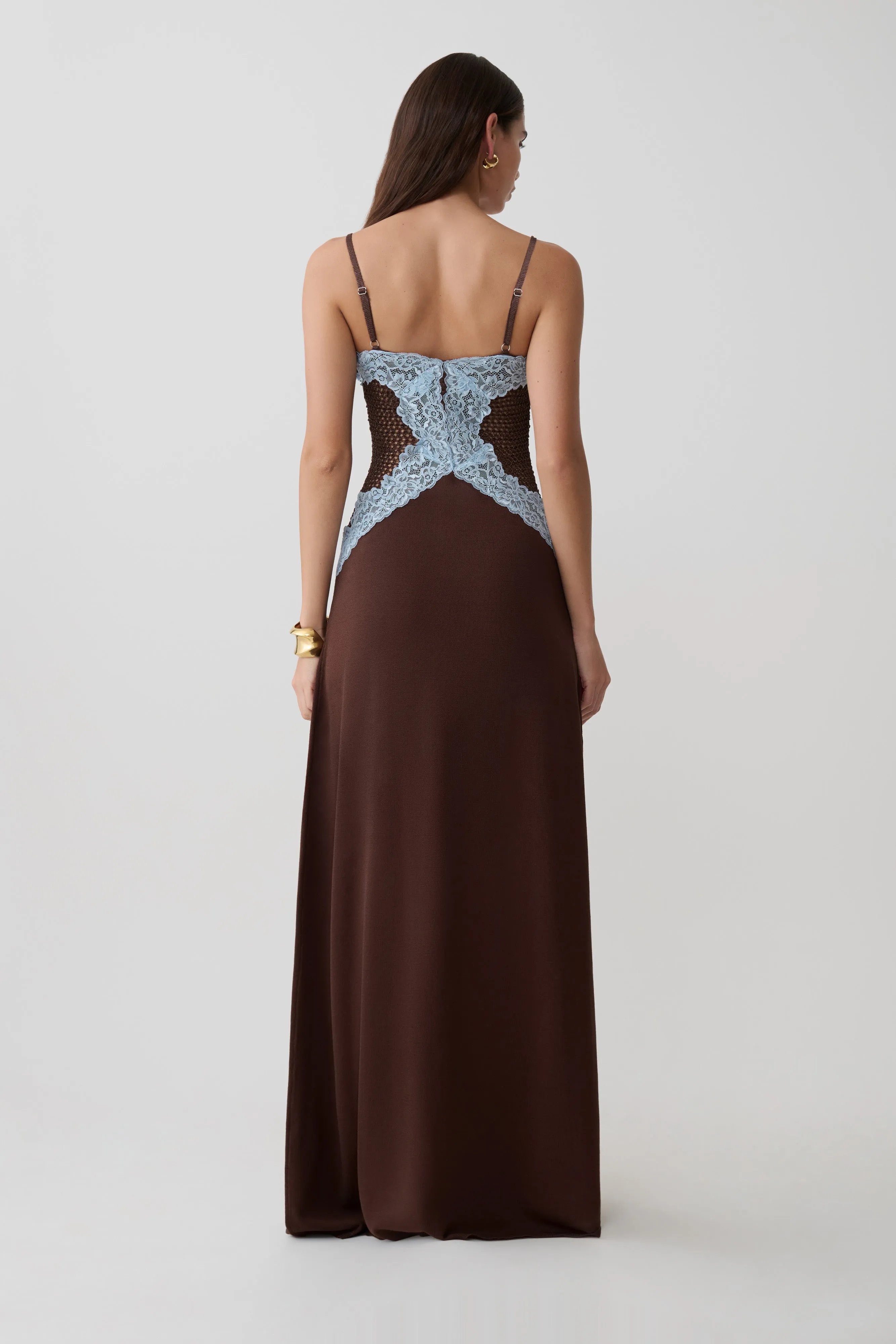 Bray Knit & Lace Maxi Dress - Chocolate/Blue sold by Meshki product image thumbnail 2