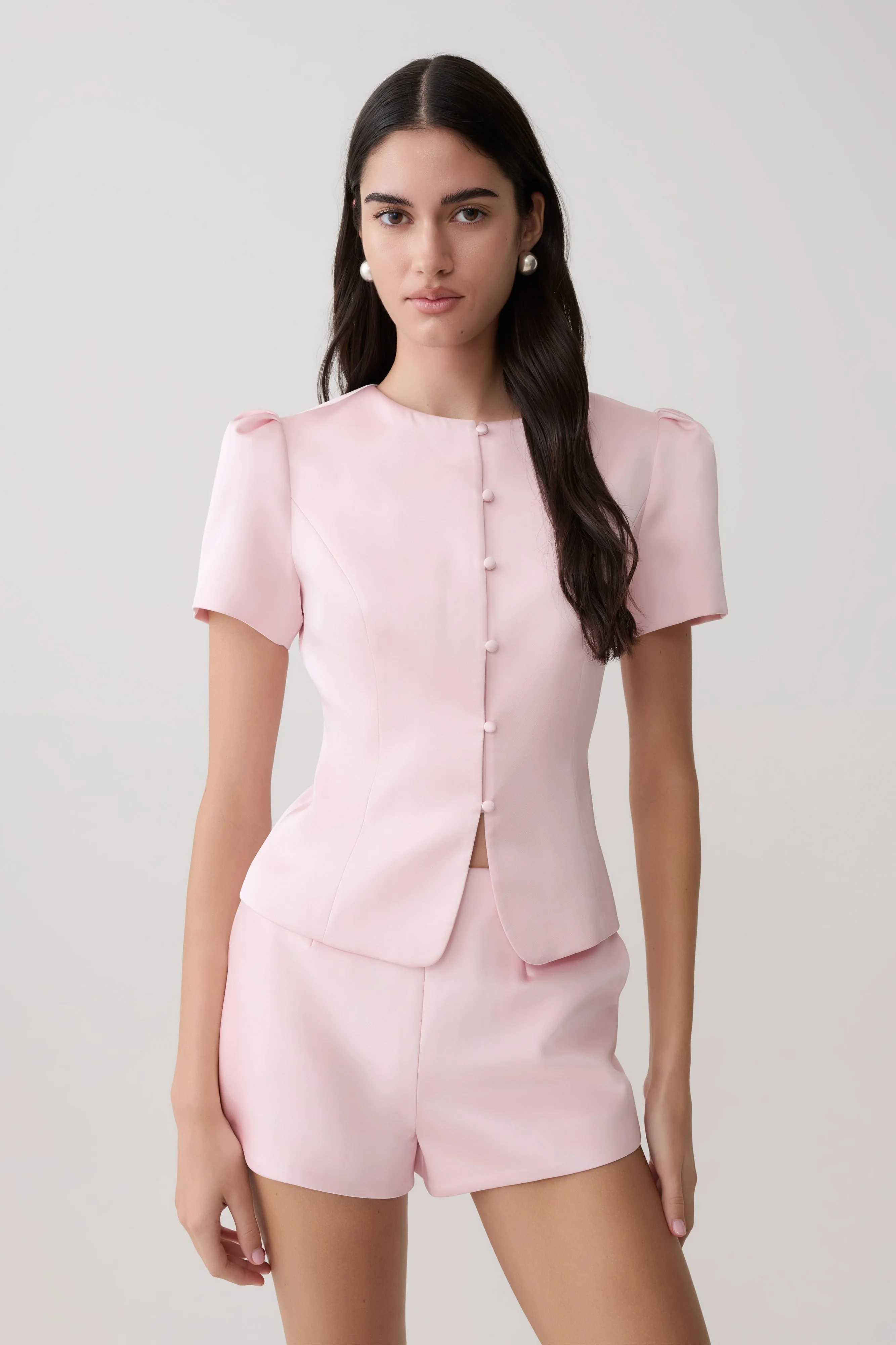 Anne Short Sleeve Satin Top - Pale Pink sold by Meshki