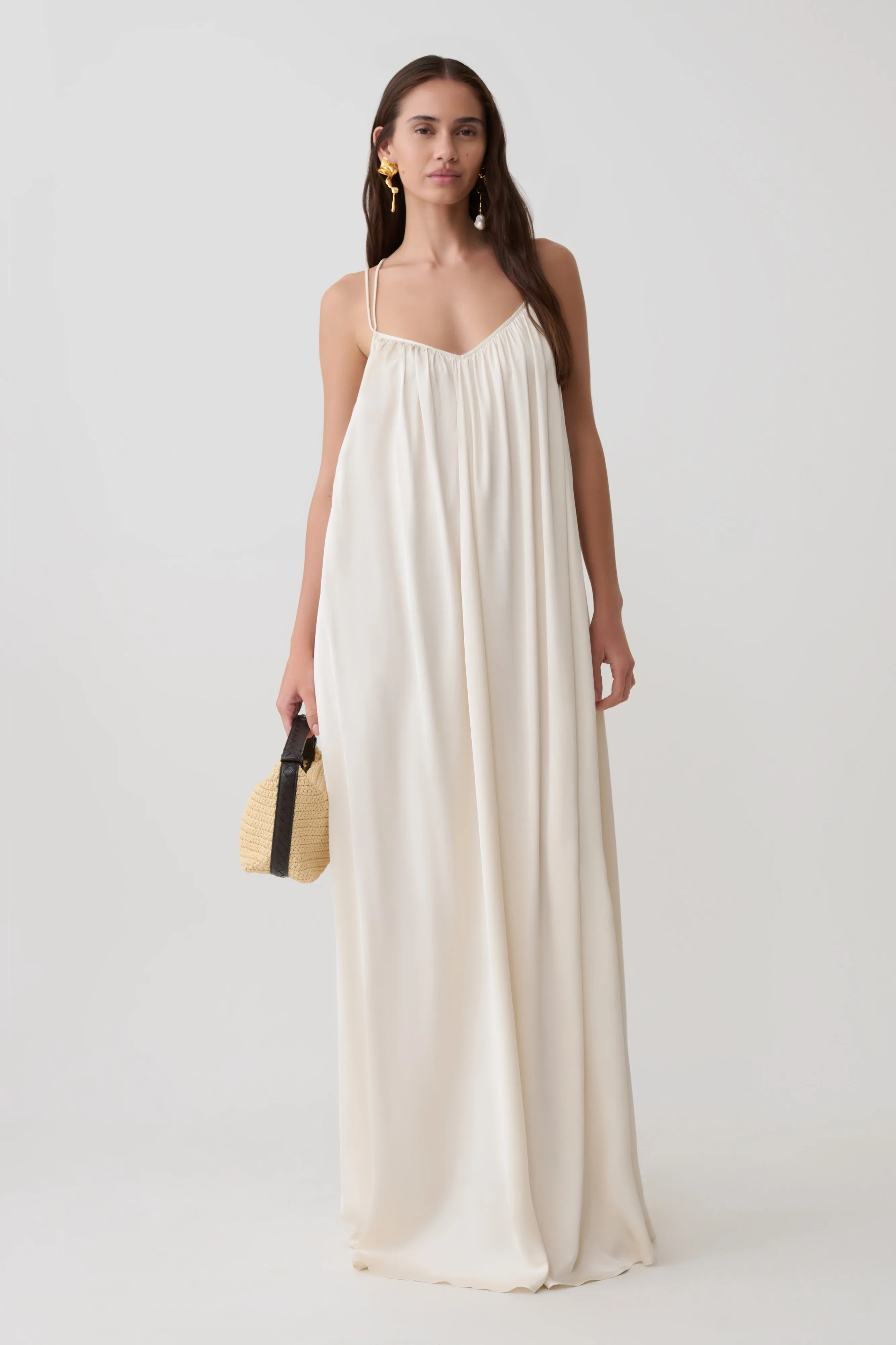 Adriana Satin Gathered Maxi Dress - Buttercream sold by Meshki