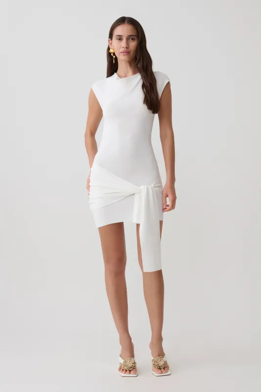 Freida Knit Mini Dress With Sash - Ivory made by Meshki