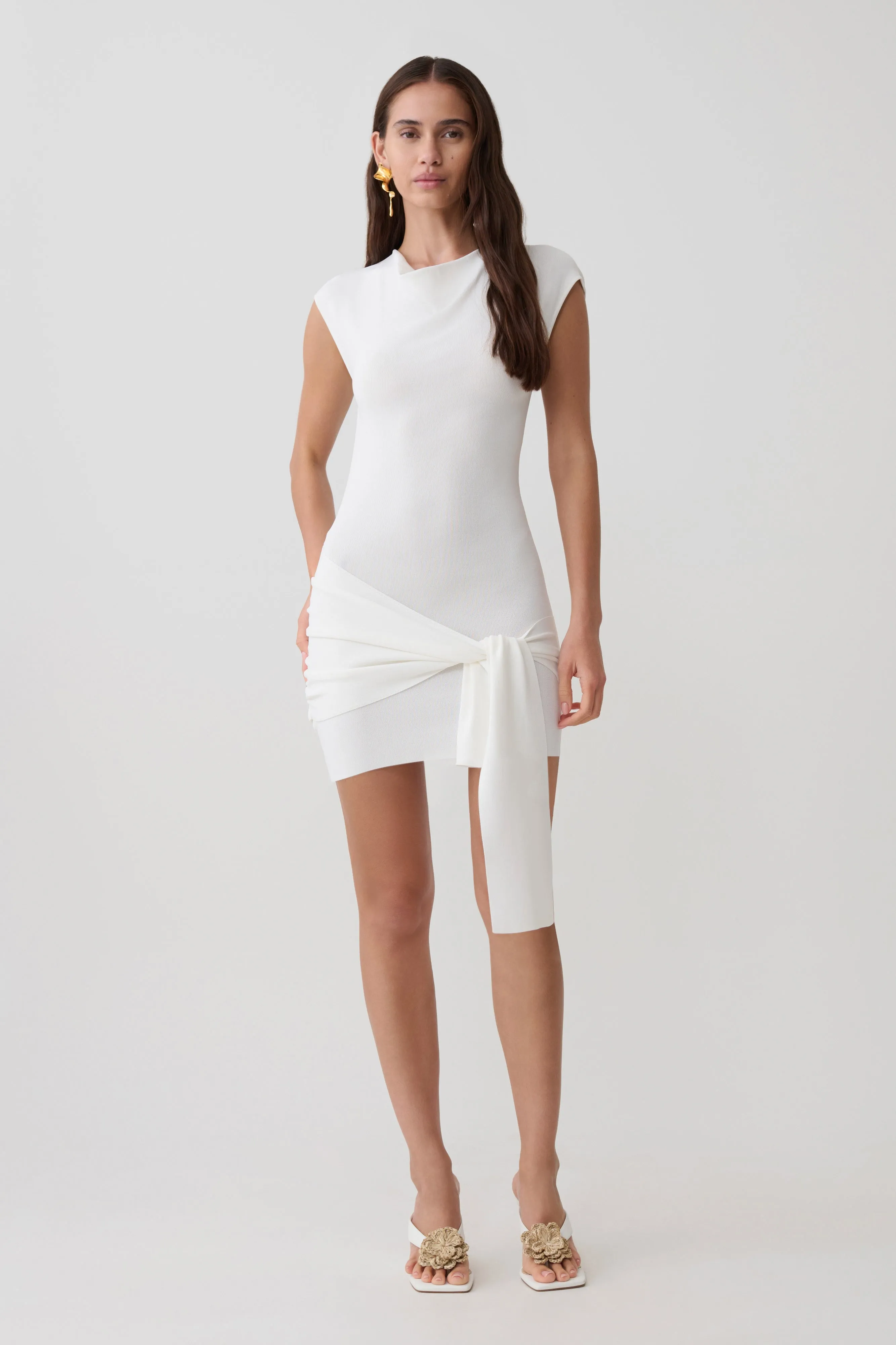 Freida Knit Mini Dress With Sash - Ivory sold by Meshki