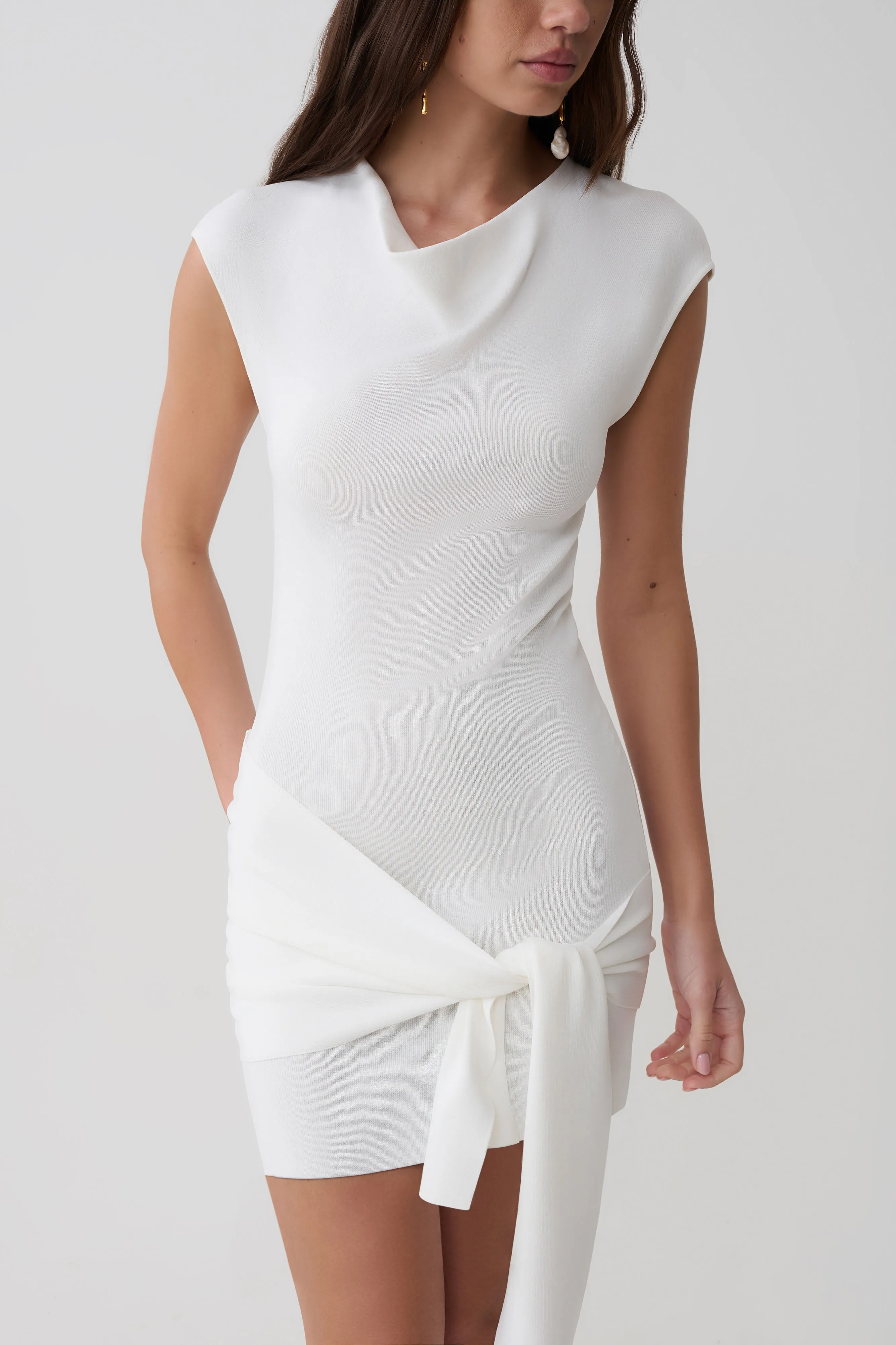 Freida Knit Mini Dress With Sash - Ivory sold by Meshki product image thumbnail 3