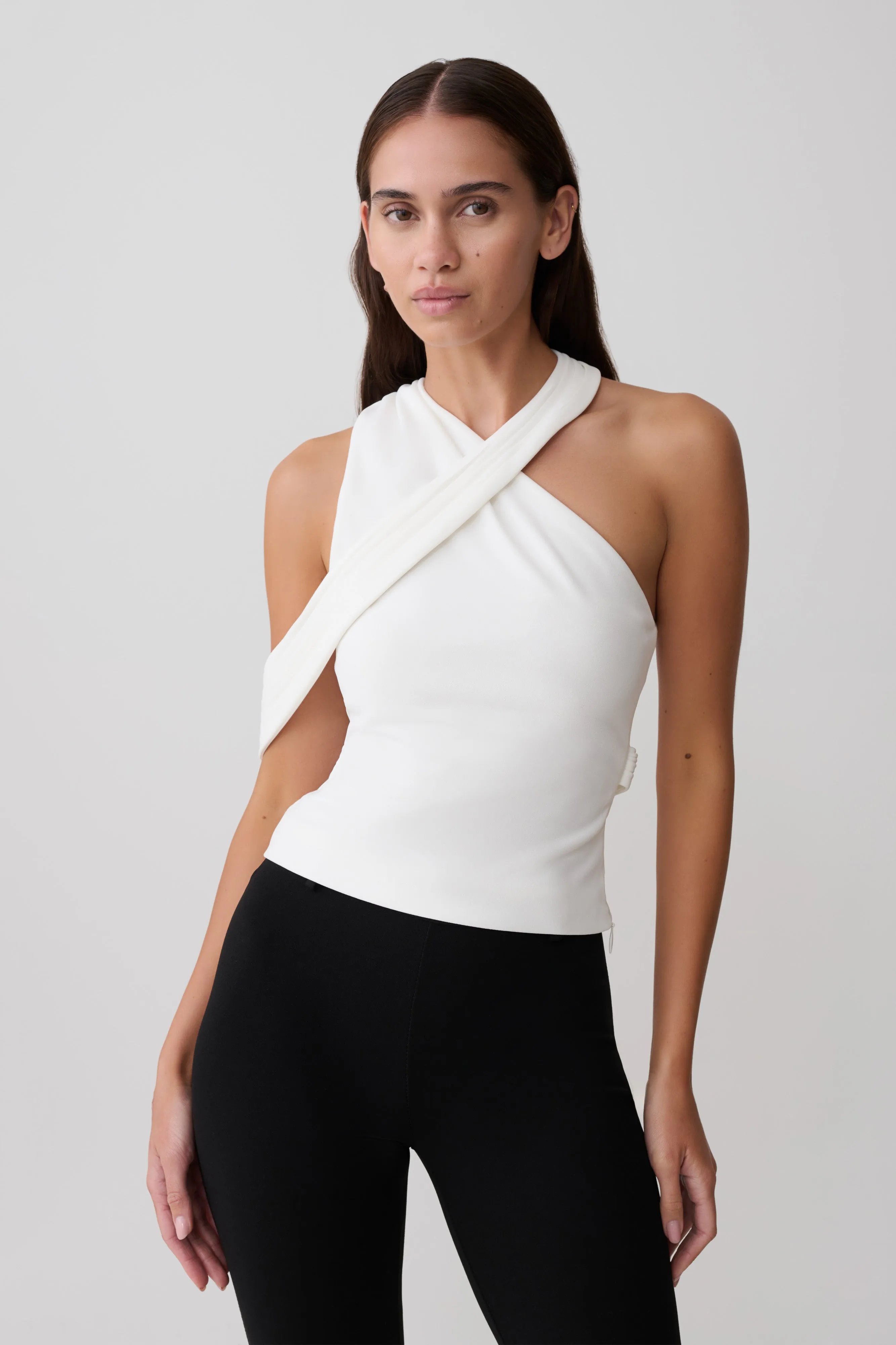 Sable Crossover Crepe Halter Top - White sold by Meshki