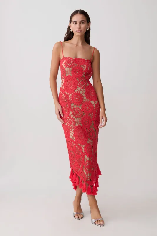 Delta Crochet Halter Midi Dress - Red made by Meshki
