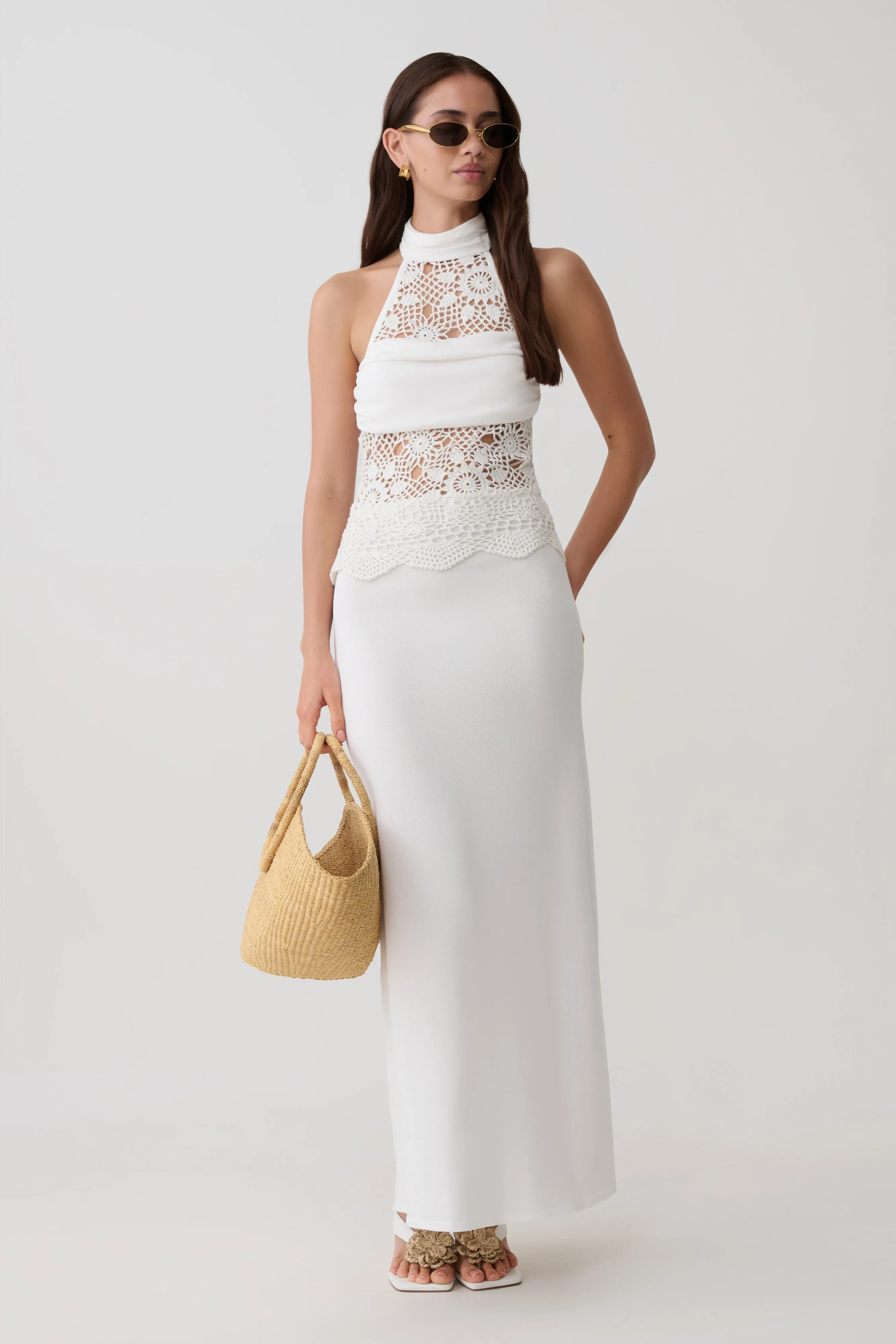 Tessie Knit & Crochet Maxi Dress - Ivory sold by Meshki