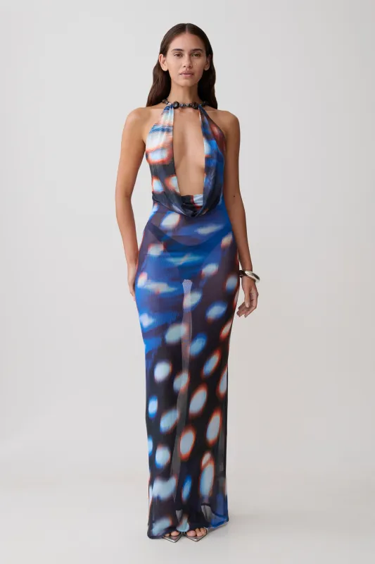Ethel Mesh Cowl Plunge Maxi - Blue Abstract Print made by Meshki
