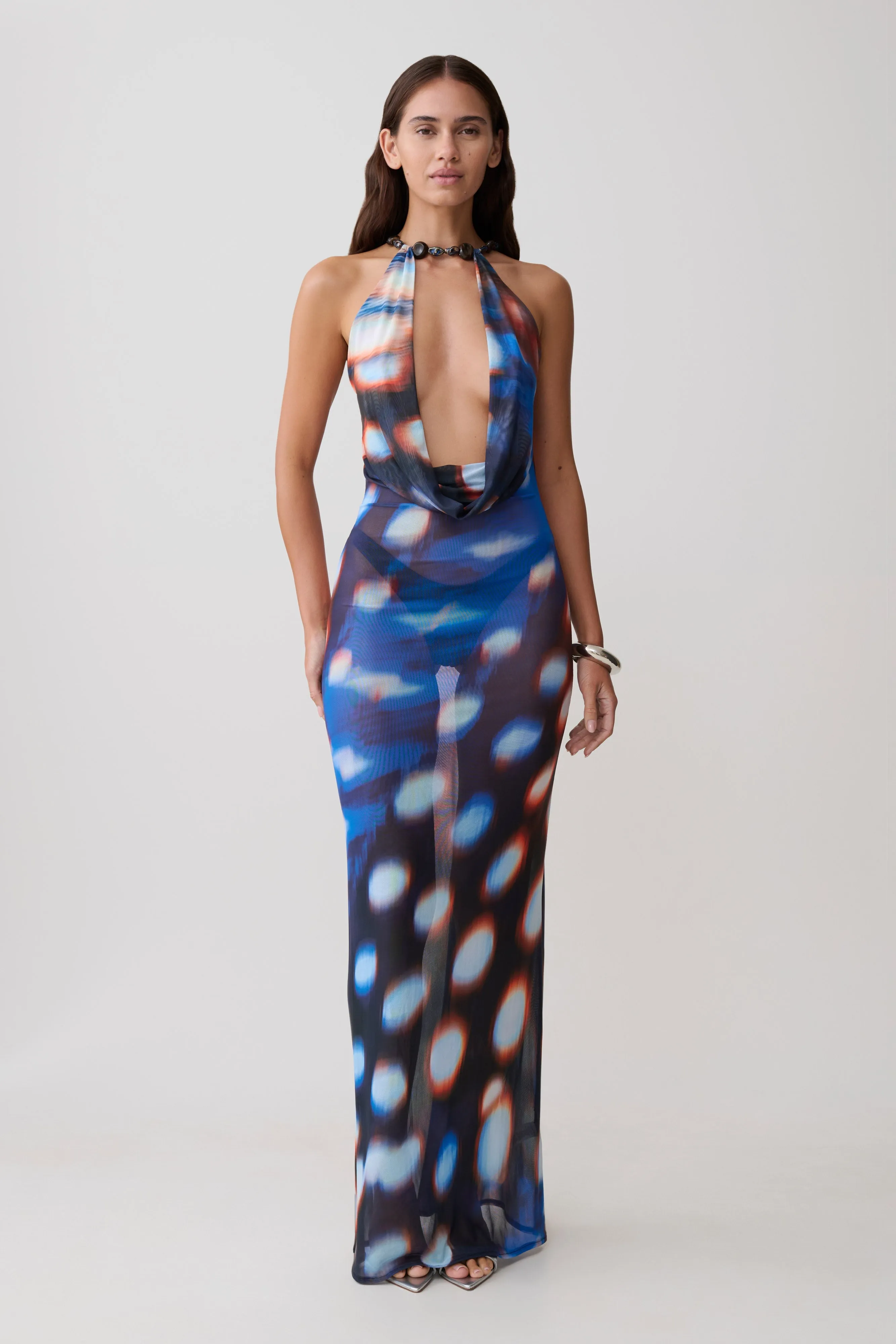 Ethel Mesh Cowl Plunge Maxi - Blue Abstract Print sold by Meshki