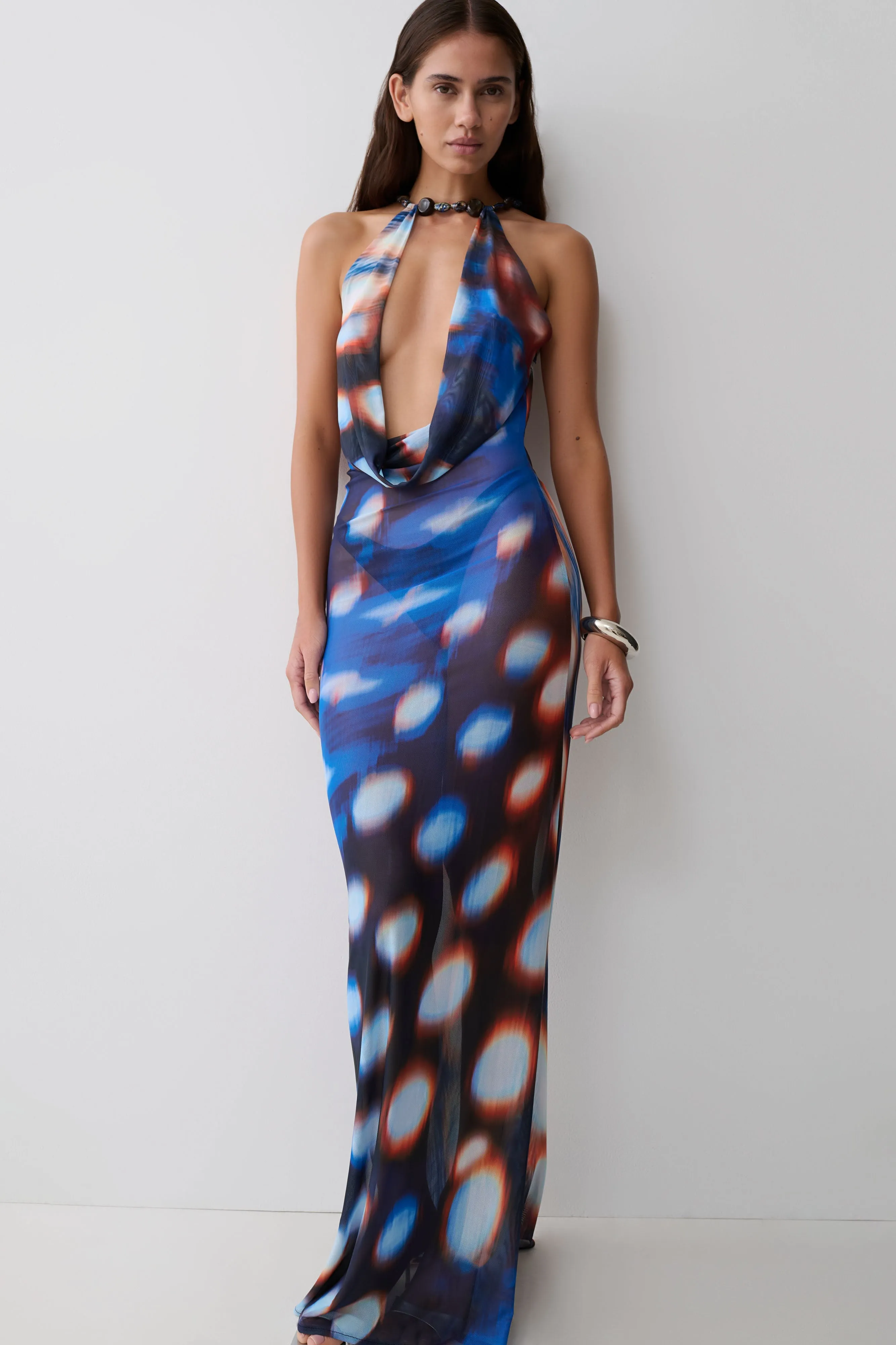 Ethel Mesh Cowl Plunge Maxi - Blue Abstract Print sold by Meshki product image thumbnail 3