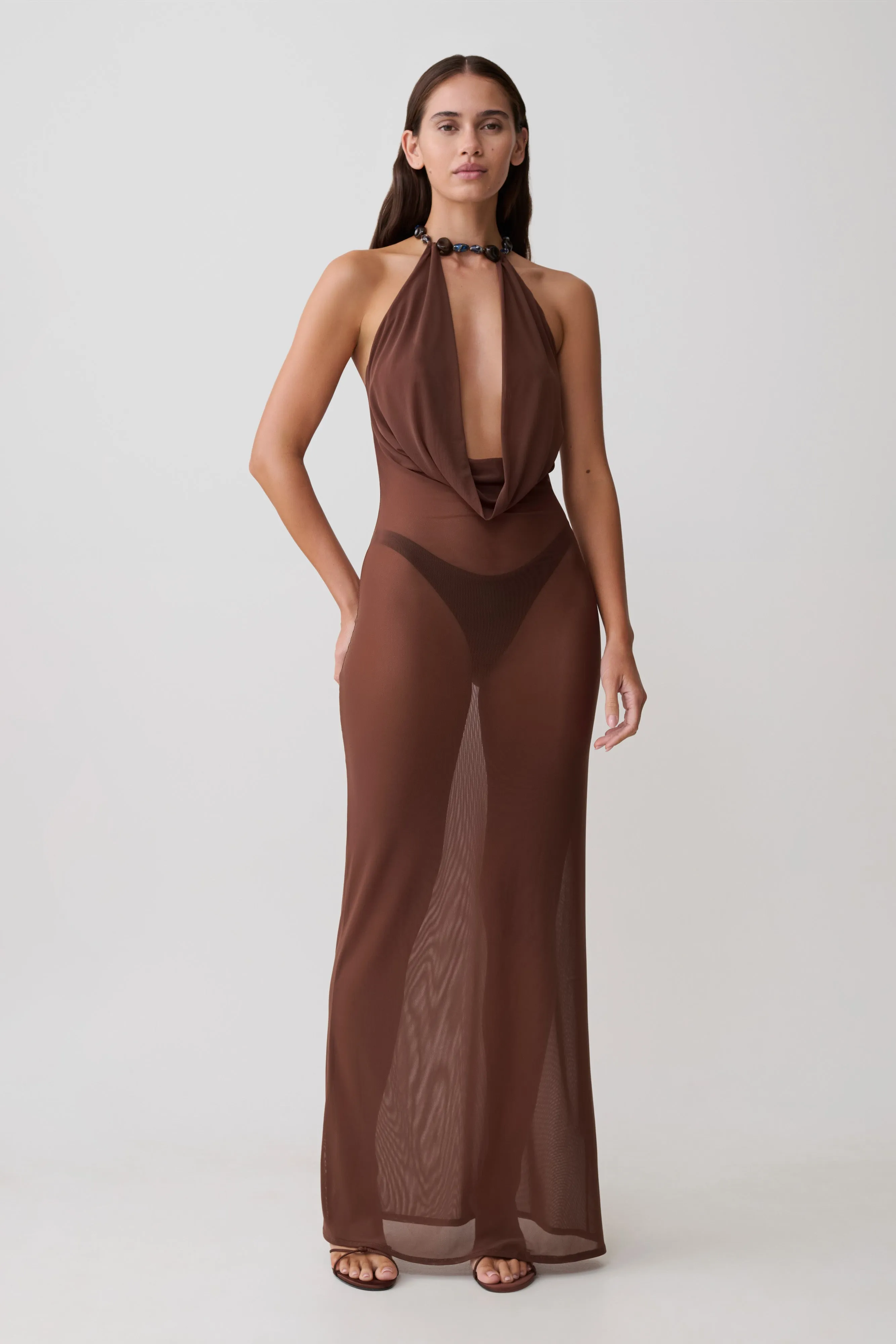Ethal Mesh Cowl Neck Beaded Maxi Dress - Chocolate sold by Meshki product image thumbnail 5