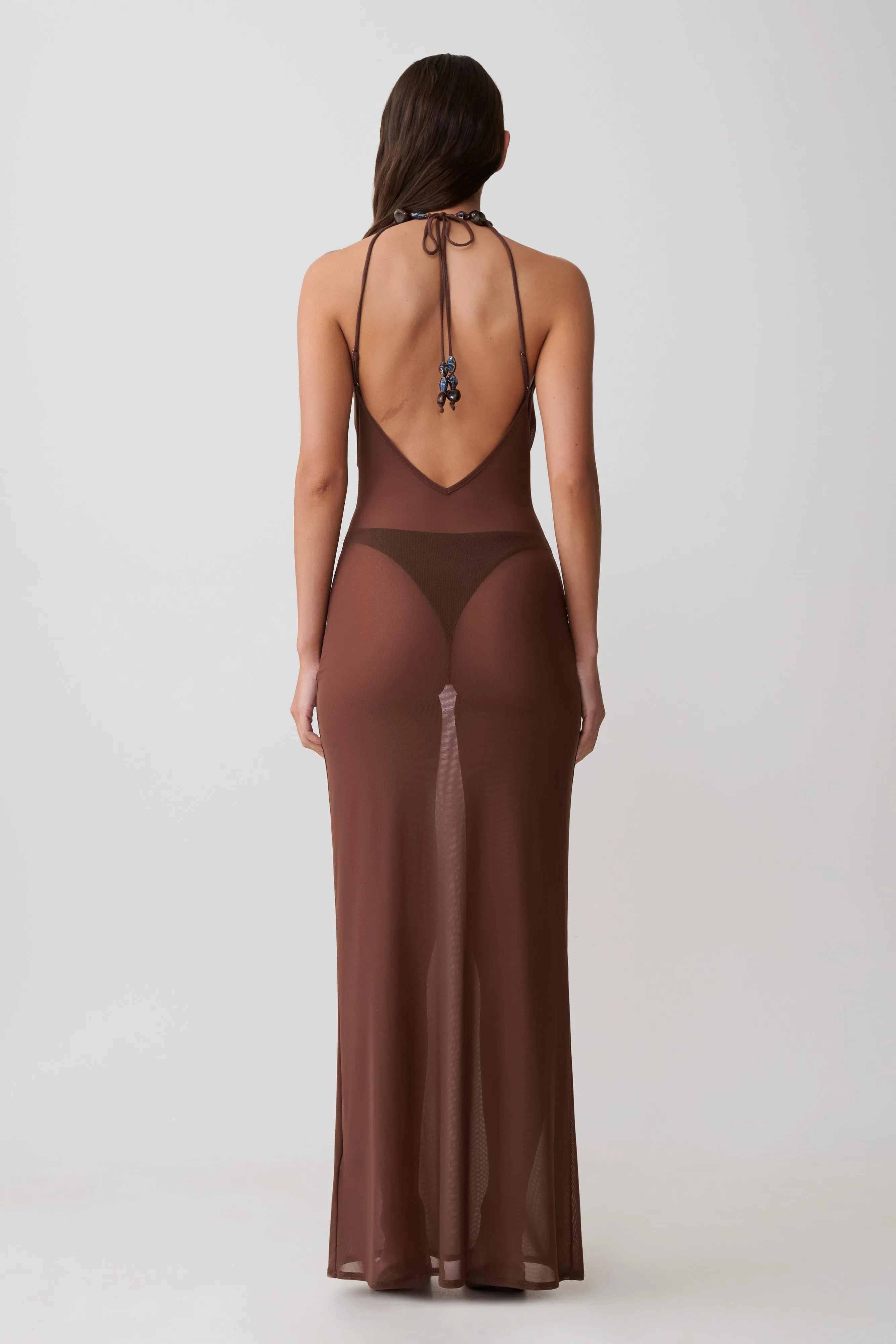 Ethal Mesh Cowl Neck Beaded Maxi Dress - Chocolate sold by Meshki product image thumbnail 2