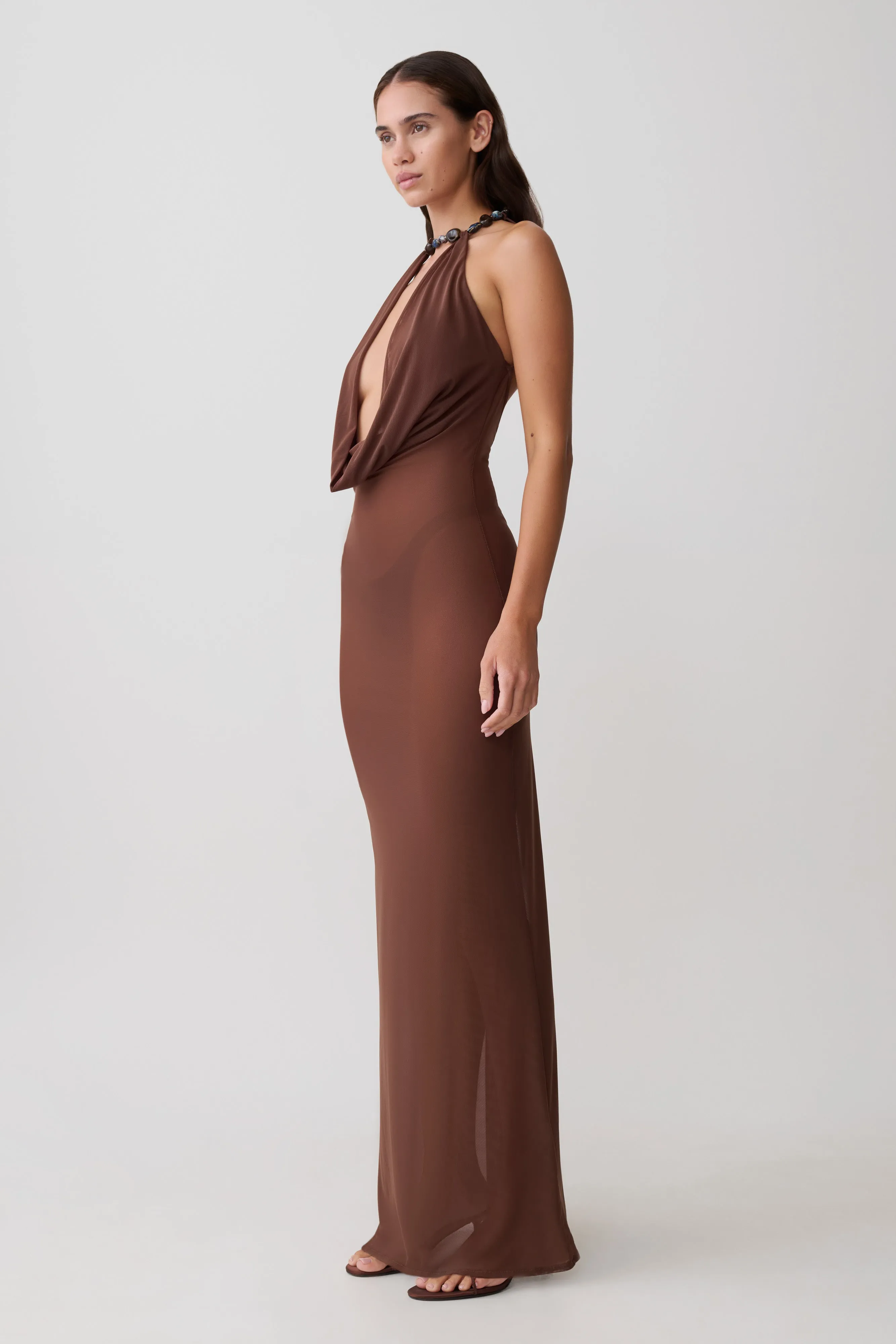 Ethal Mesh Cowl Neck Beaded Maxi Dress - Chocolate sold by Meshki product image thumbnail 4