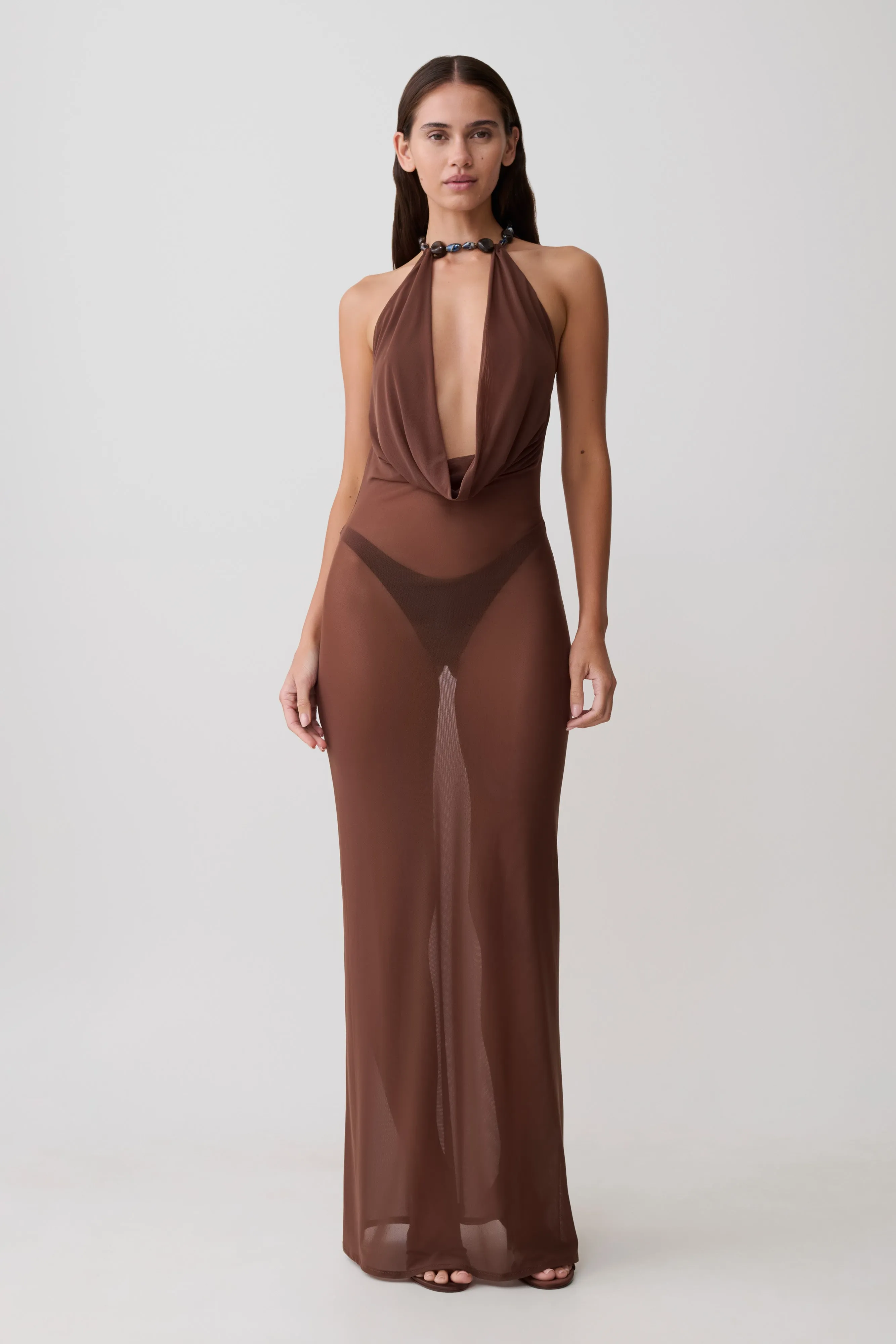 Ethal Mesh Cowl Neck Beaded Maxi Dress - Chocolate sold by Meshki