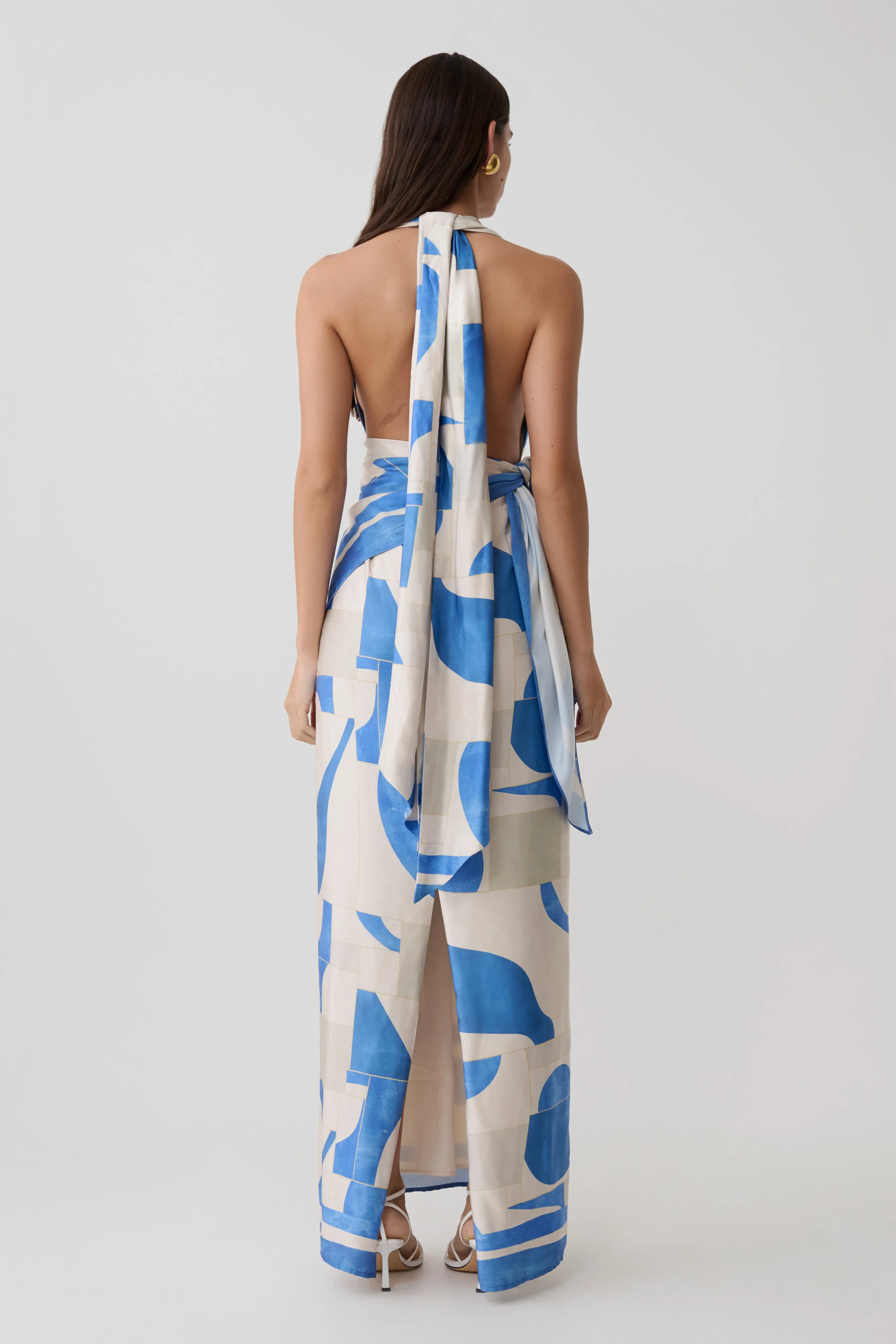 Gianna Satin Halter Maxi Dress - Blue Geo Tile Print sold by Meshki product image thumbnail 2