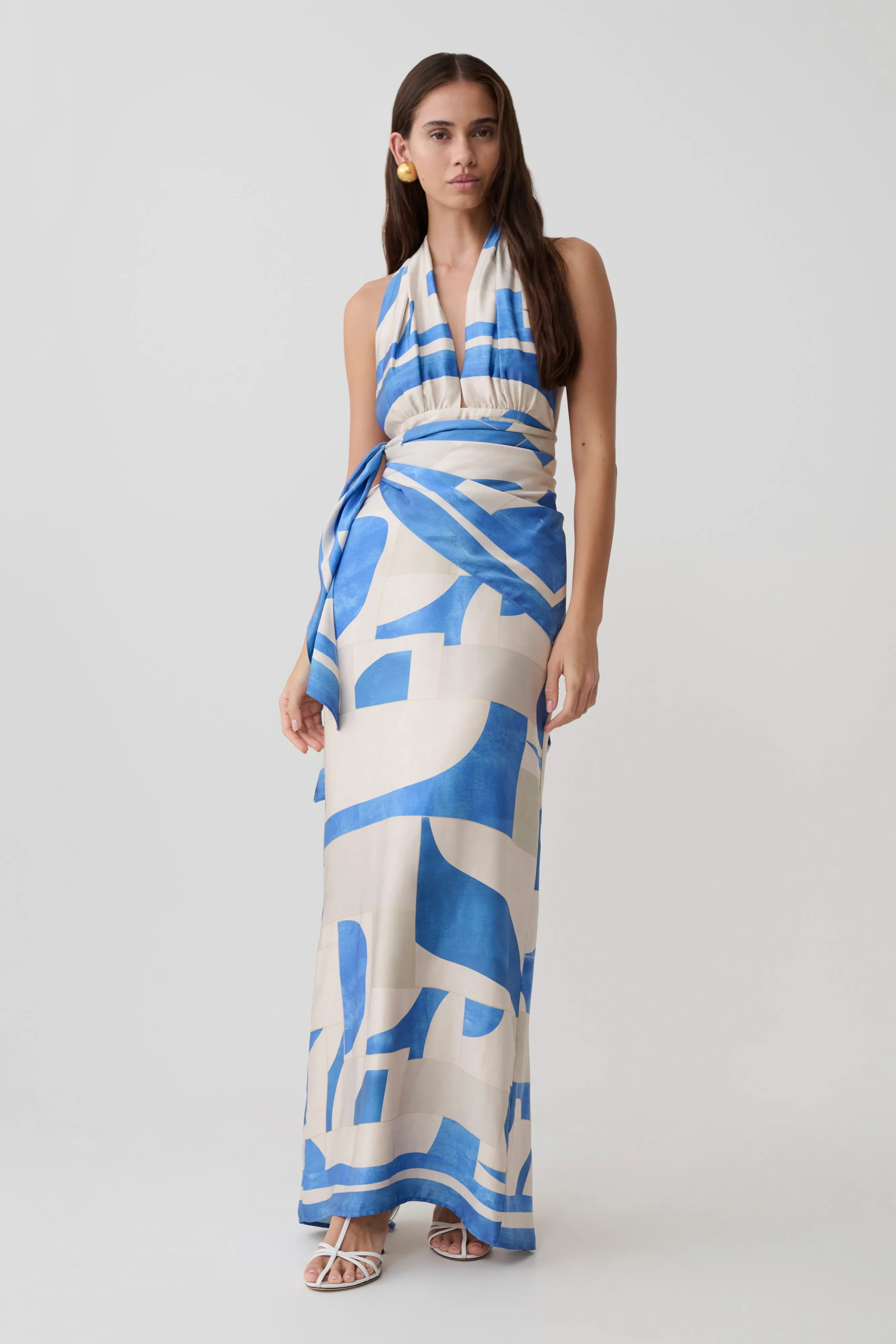 Gianna Satin Halter Maxi Dress - Blue Geo Tile Print sold by Meshki product image thumbnail 3