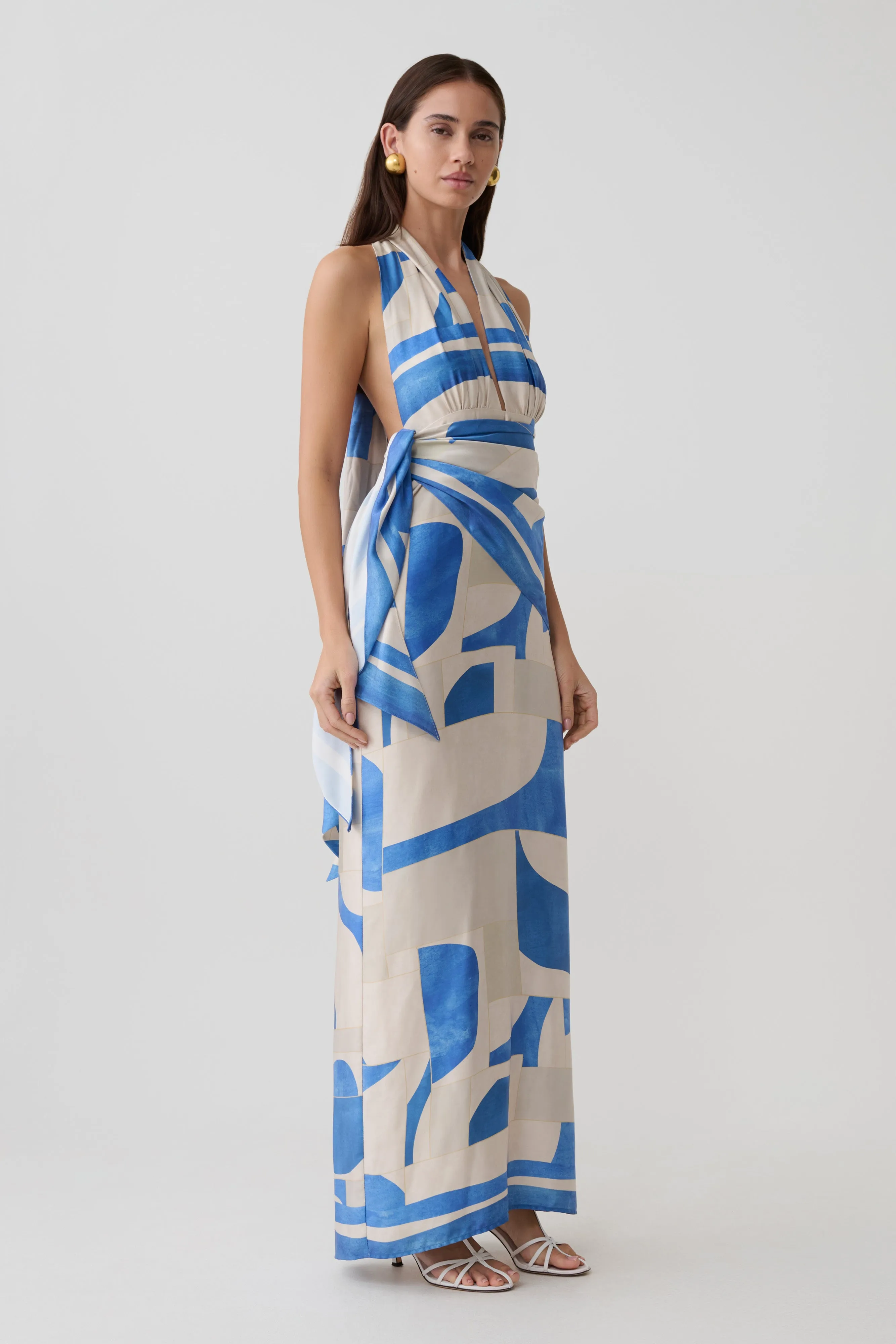 Gianna Satin Halter Maxi Dress - Blue Geo Tile Print sold by Meshki product image thumbnail 4