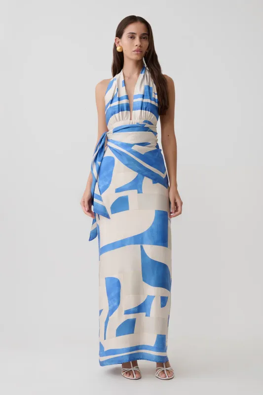 Gianna Satin Halter Maxi Dress - Blue Geo Tile Print made by Meshki