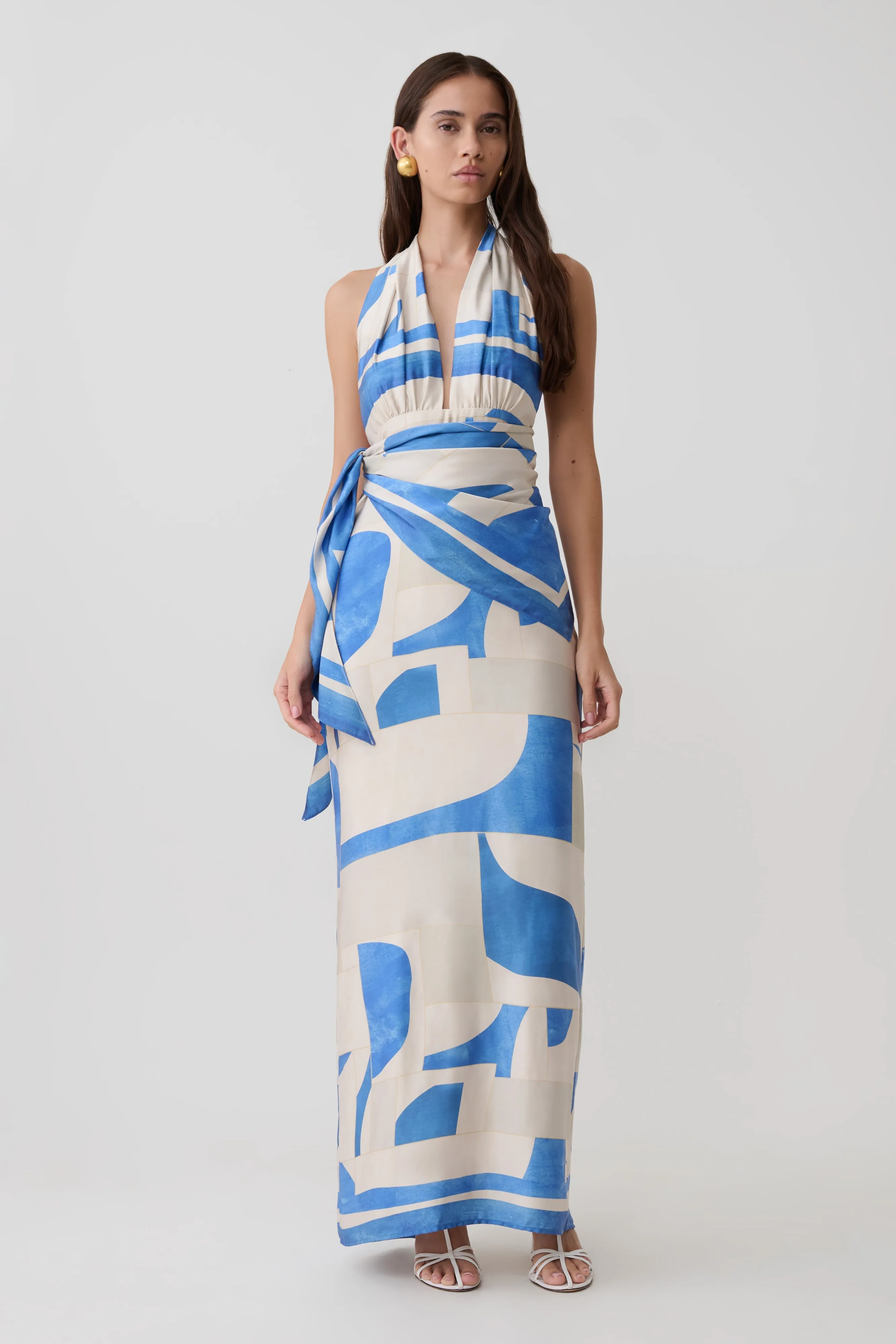 Gianna Satin Halter Maxi Dress - Blue Geo Tile Print sold by Meshki