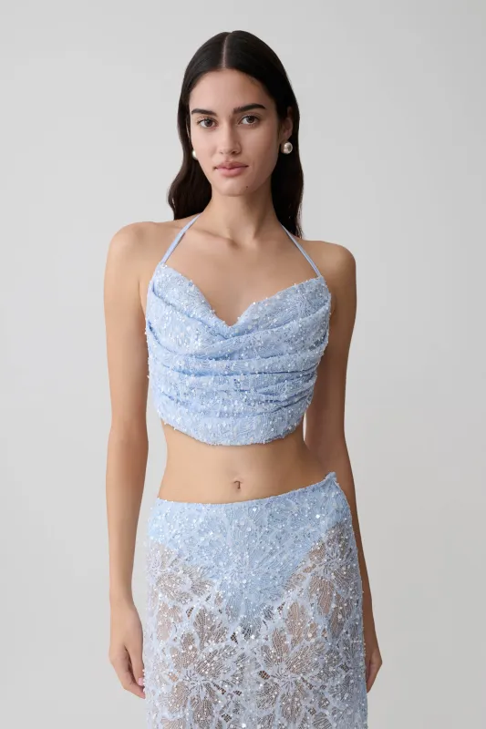 Kiara Pearl Beaded Cowl Crop Top - Powder Blue made by Meshki