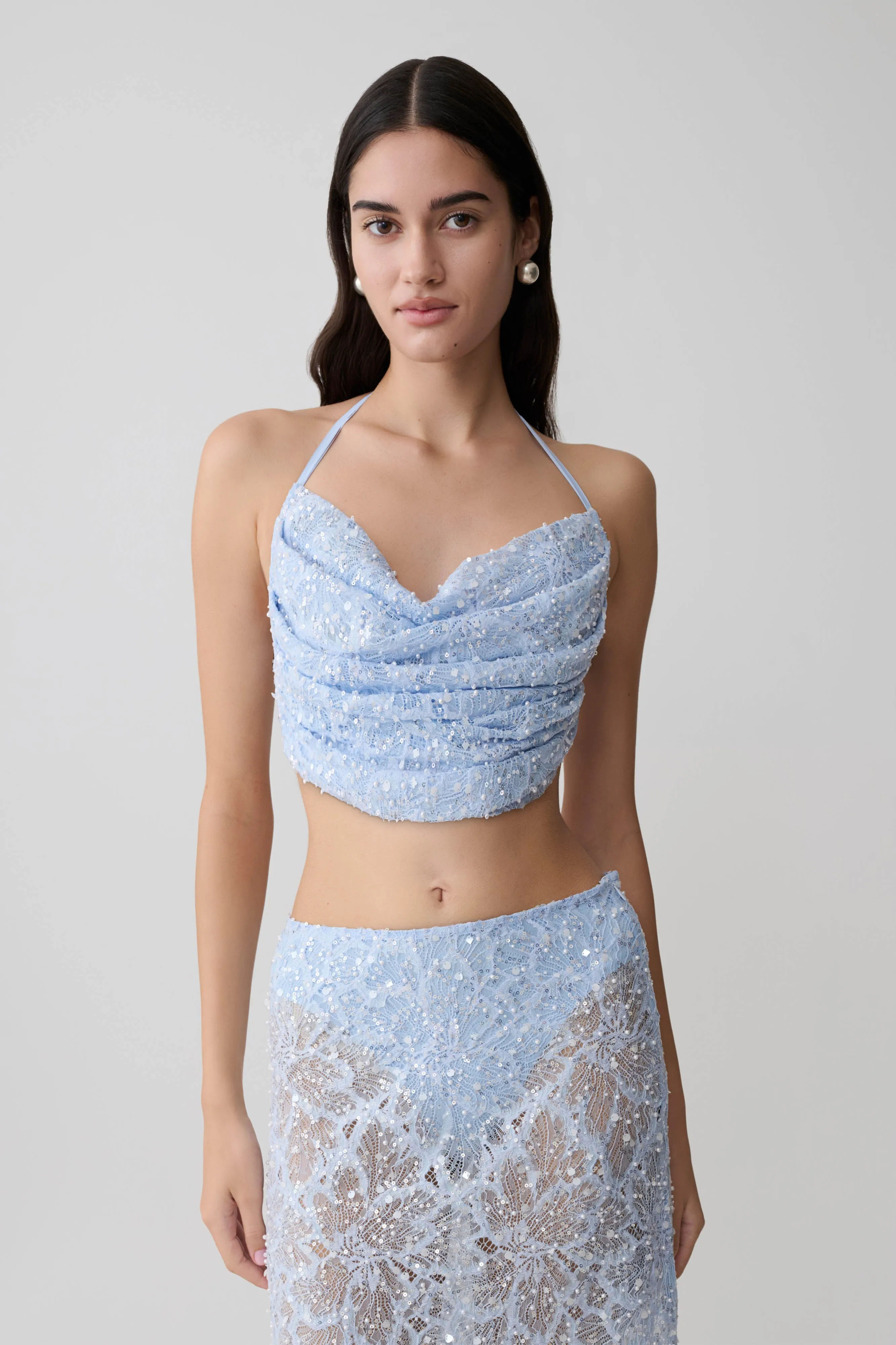 Kiara Pearl Beaded Cowl Crop Top - Powder Blue sold by Meshki
