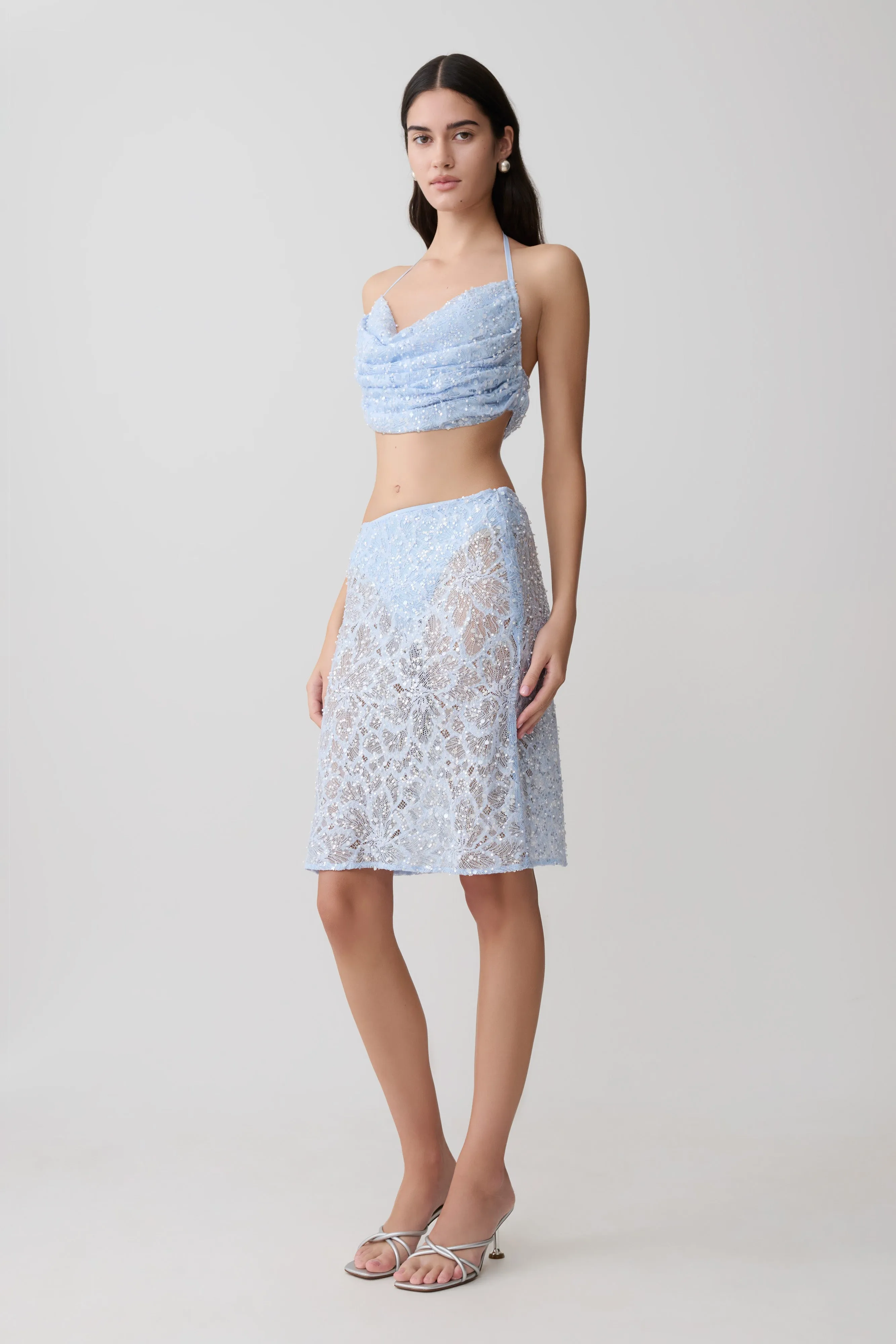 Kiara Pearl Beaded Cowl Crop Top - Powder Blue sold by Meshki product image thumbnail 4