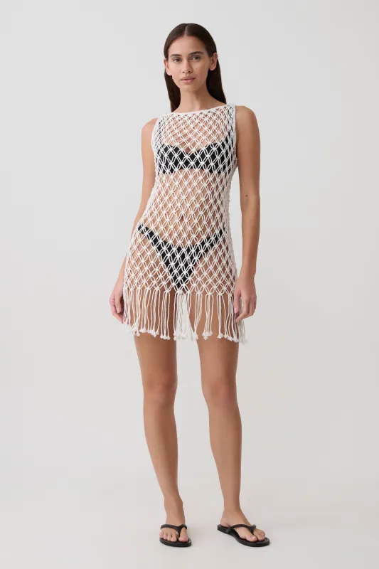 Devlin Macrame Tassel Mini Dress - Ivory made by Meshki