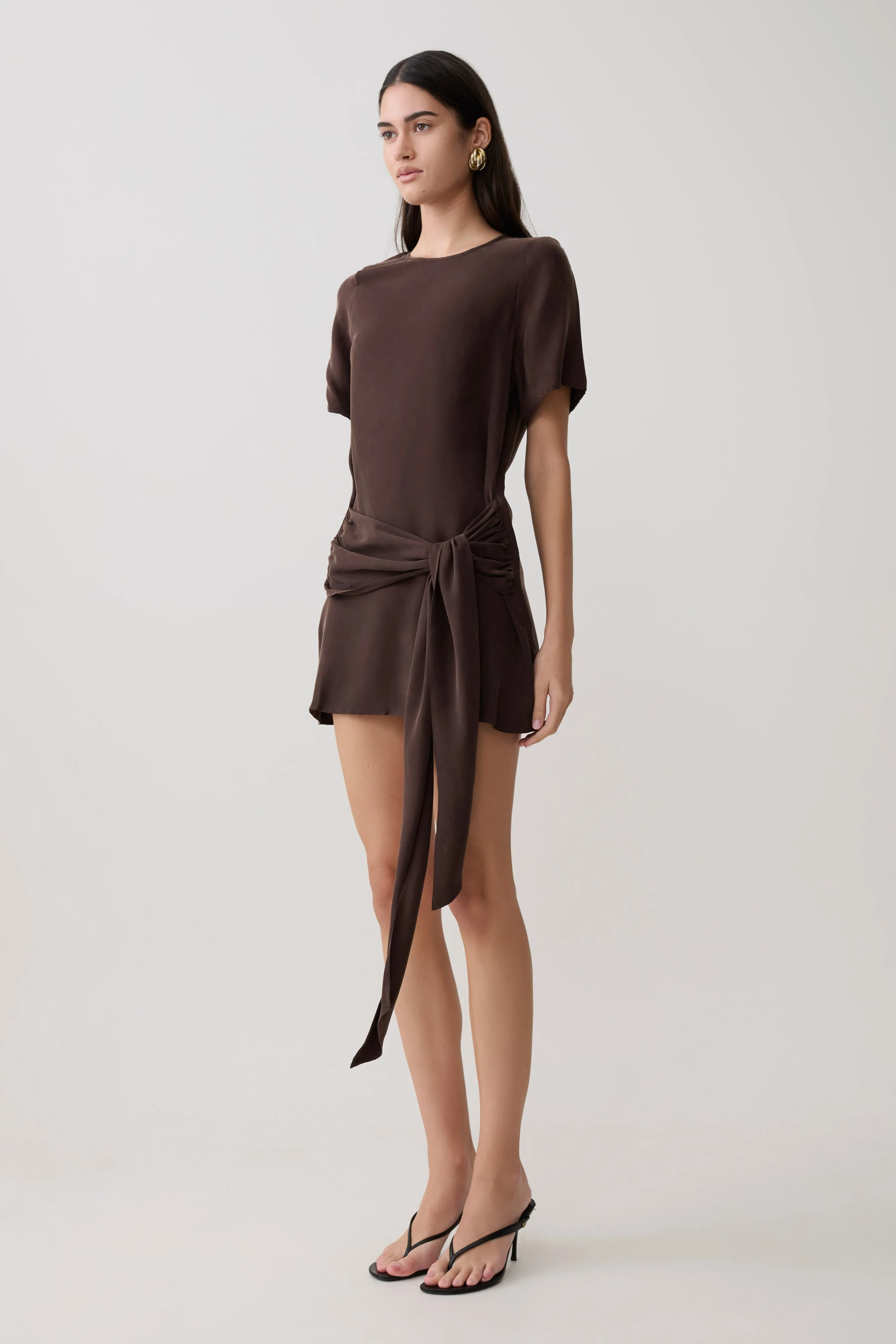 Felicity Short Sleeve Dress With Waist Tie - Dark Chocolate sold by Meshki product image thumbnail 4