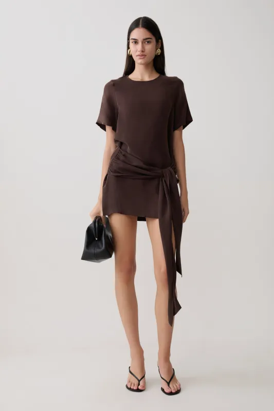 Felicity Short Sleeve Dress With Waist Tie - Dark Chocolate made by Meshki