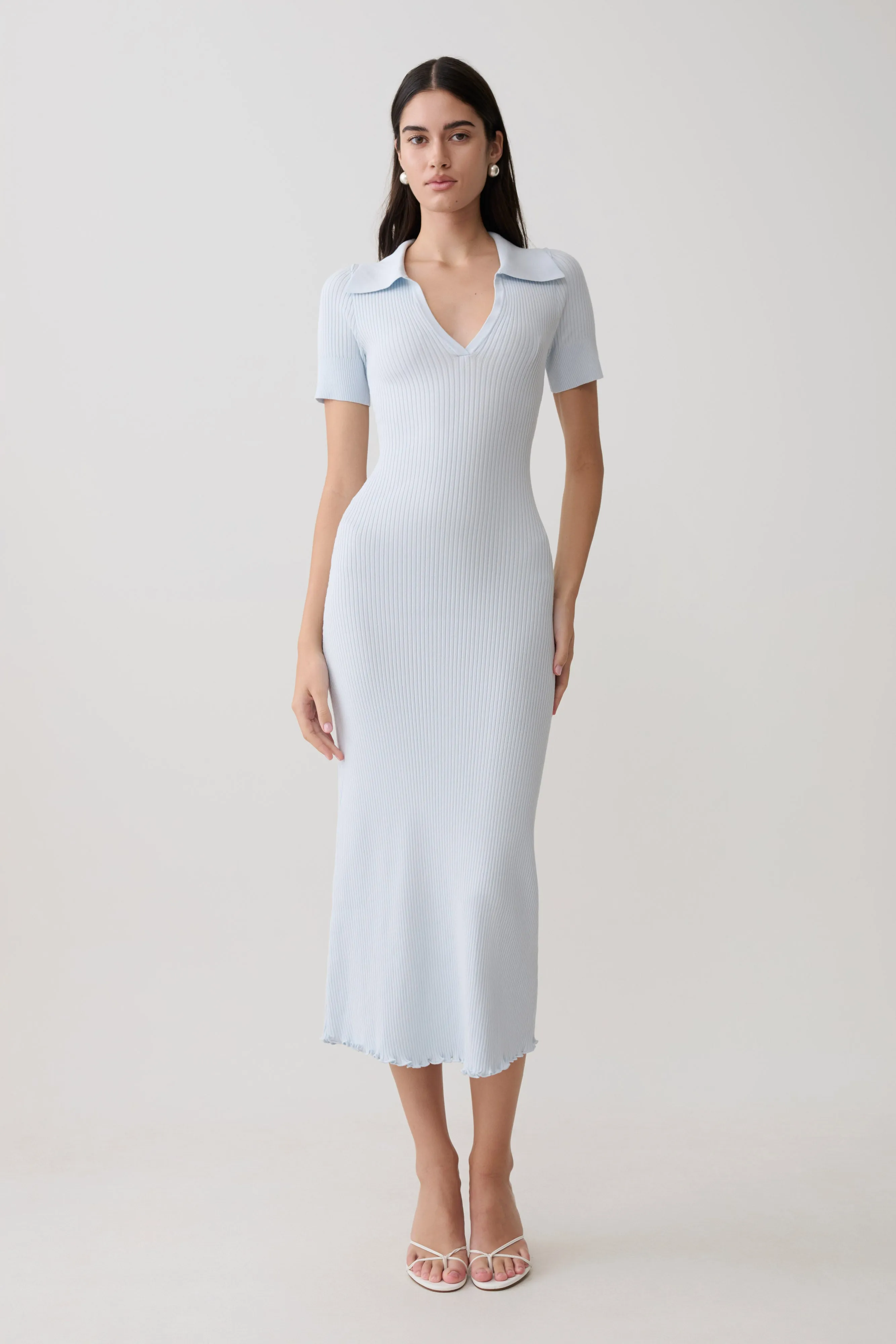 Nichelle Short Sleeve Collared Knit Midi Dress - Light Blue sold by Meshki