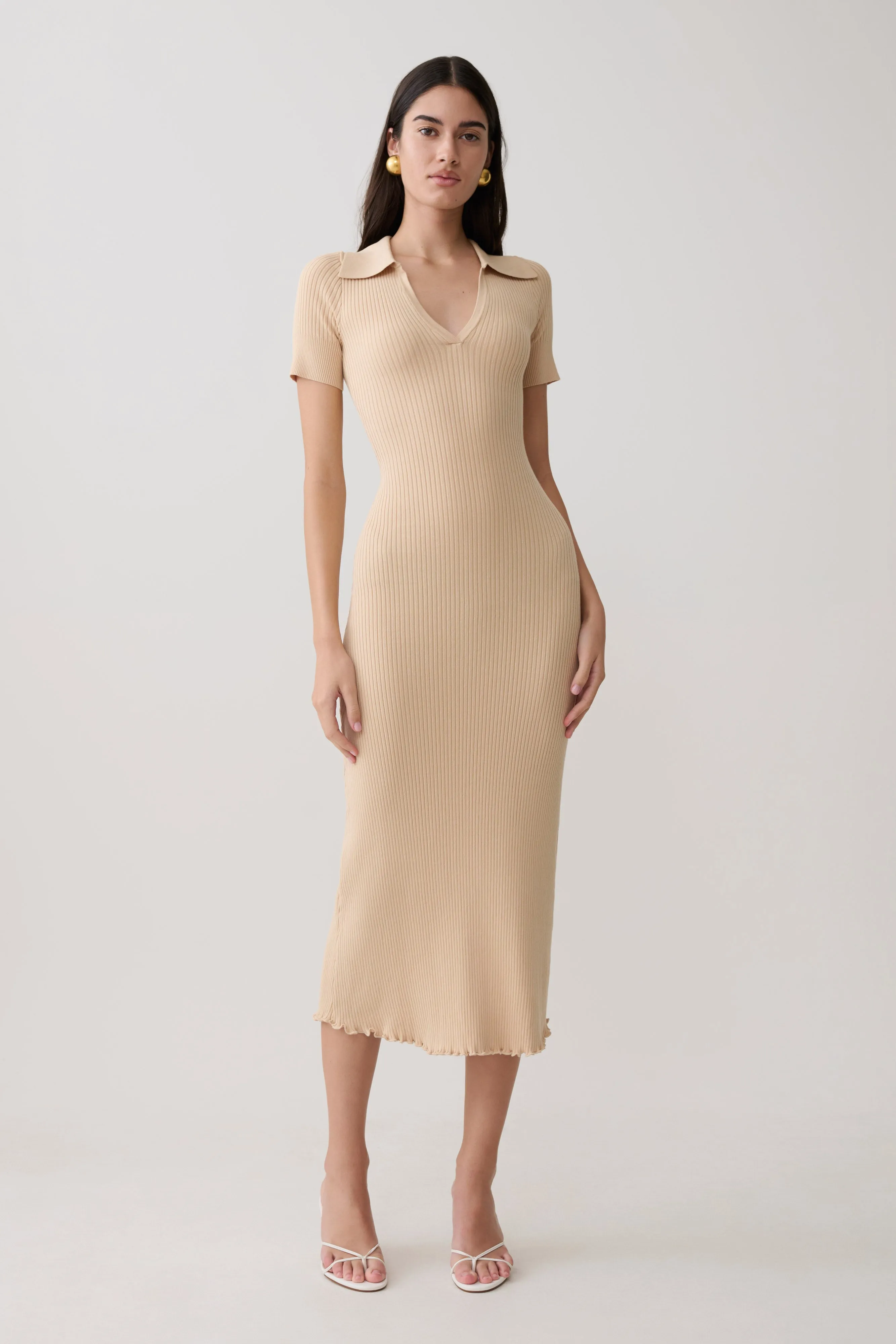 Nichelle Short Sleeve Collared Knit Midi Dress - Natural sold by Meshki product image thumbnail 5