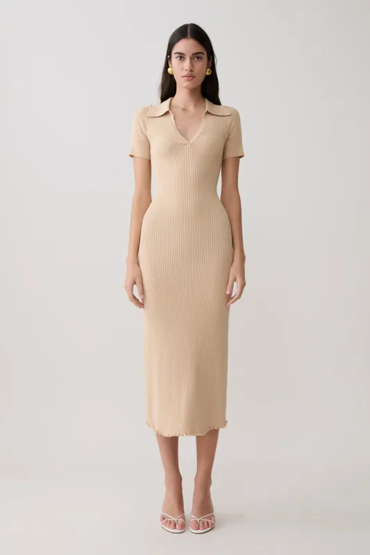 Nichelle Short Sleeve Collared Knit Midi Dress - Natural made by Meshki