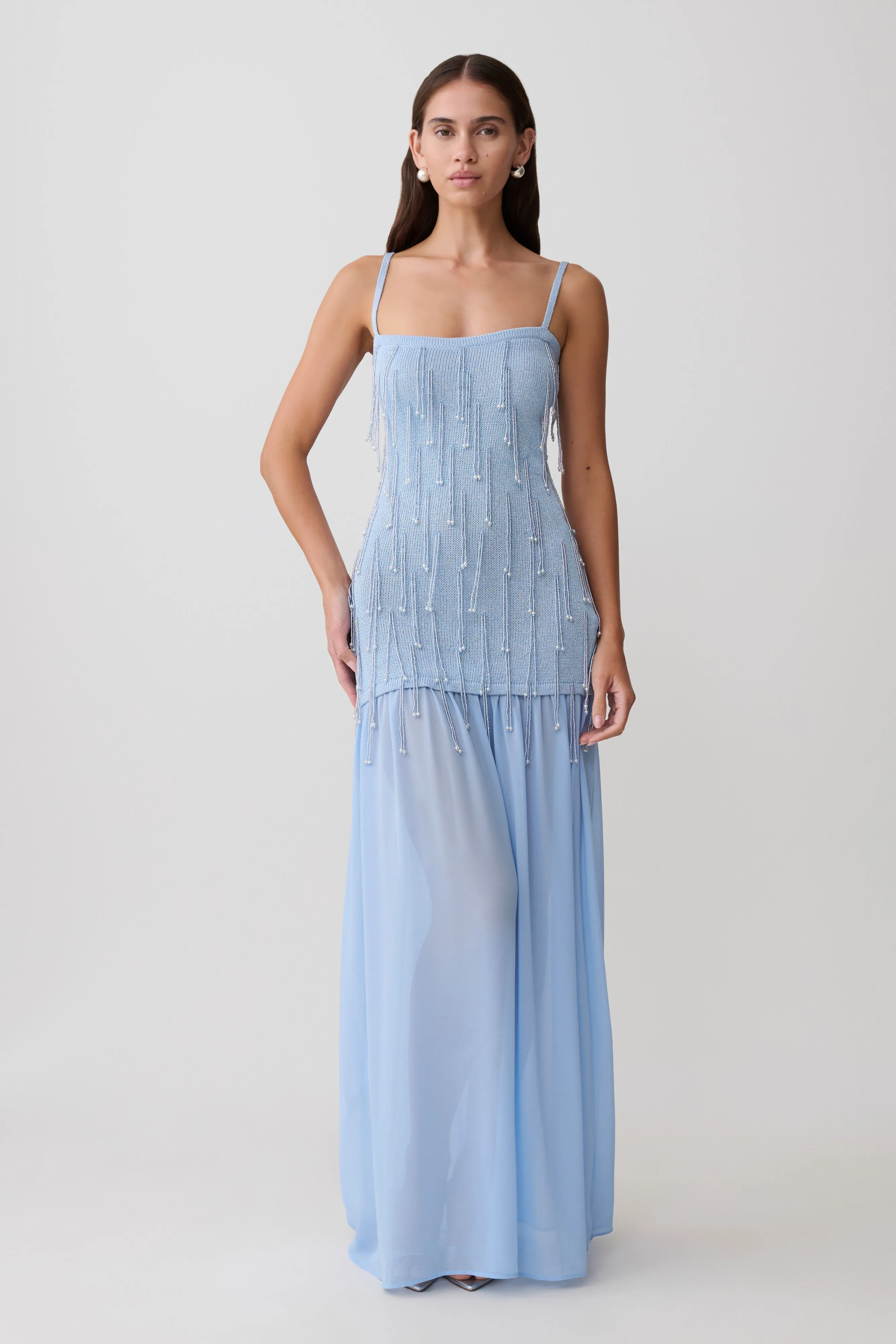 Belinda Beaded Knit & Chiffon Maxi Dress - Light Blue sold by Meshki product image thumbnail 3