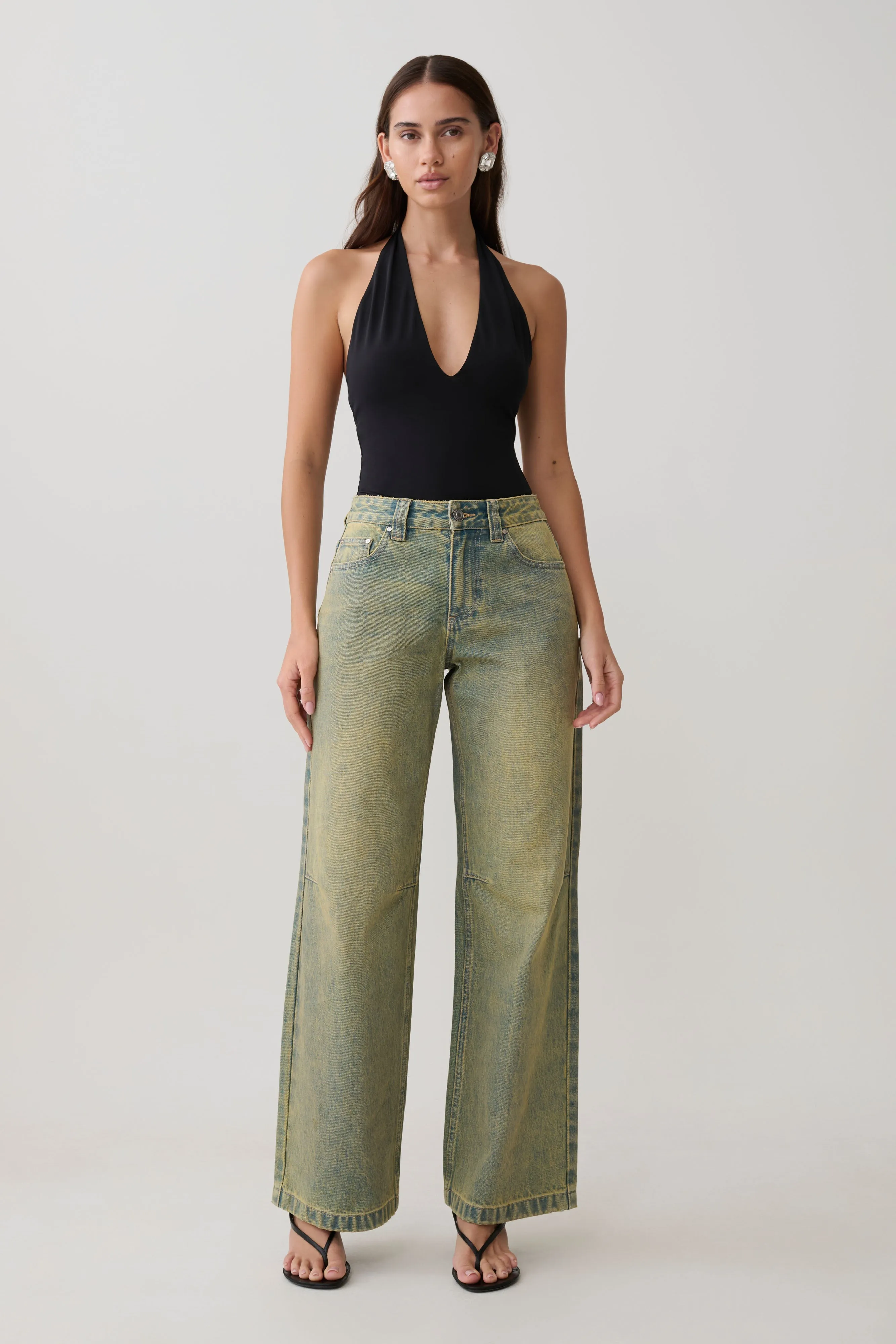 Joey Mid Rise Wide Leg Jeans - Green Wash sold by Meshki