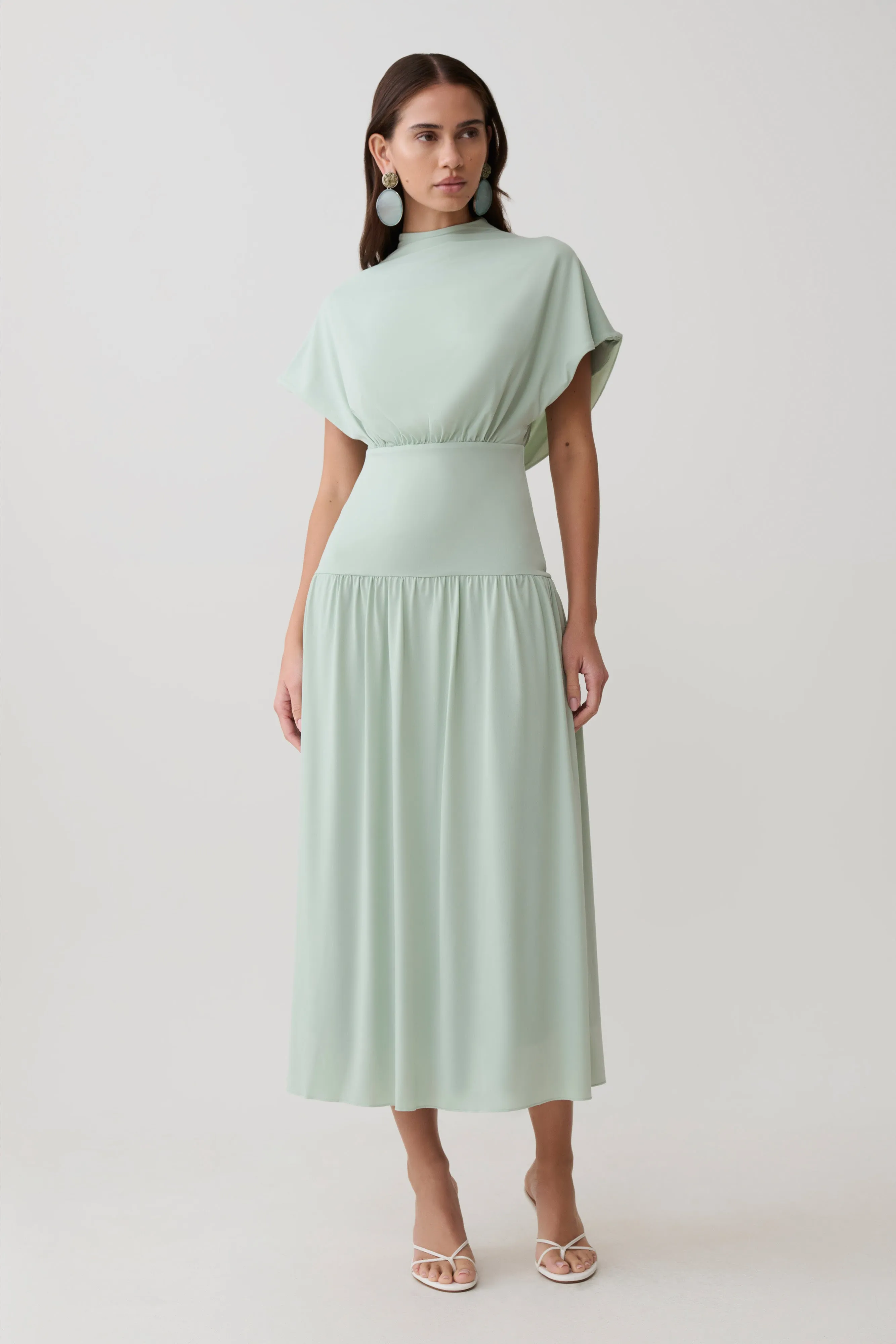 Ailla High Neck Cowl Midi Dress - Aqua Grey sold by Meshki