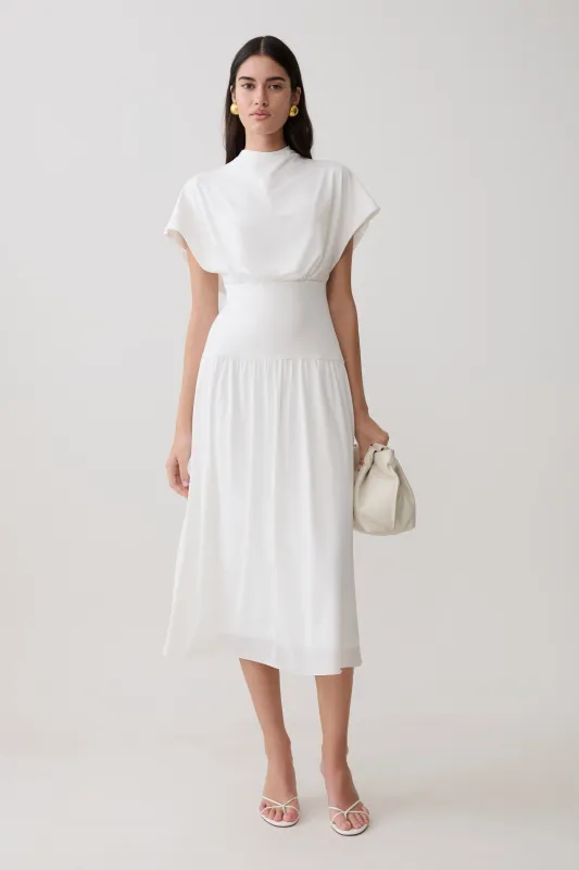 Ailla High Neck Cowl Midi Dress - White made by Meshki