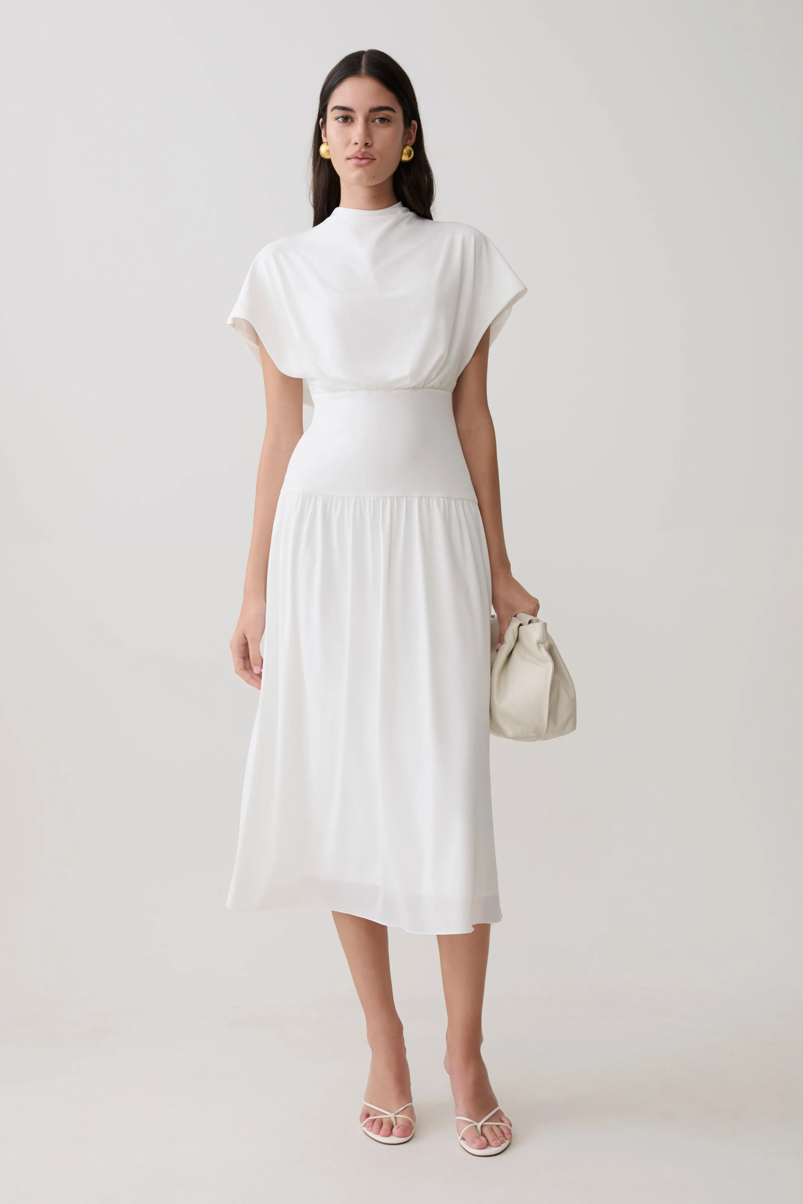 Ailla High Neck Cowl Midi Dress - White sold by Meshki
