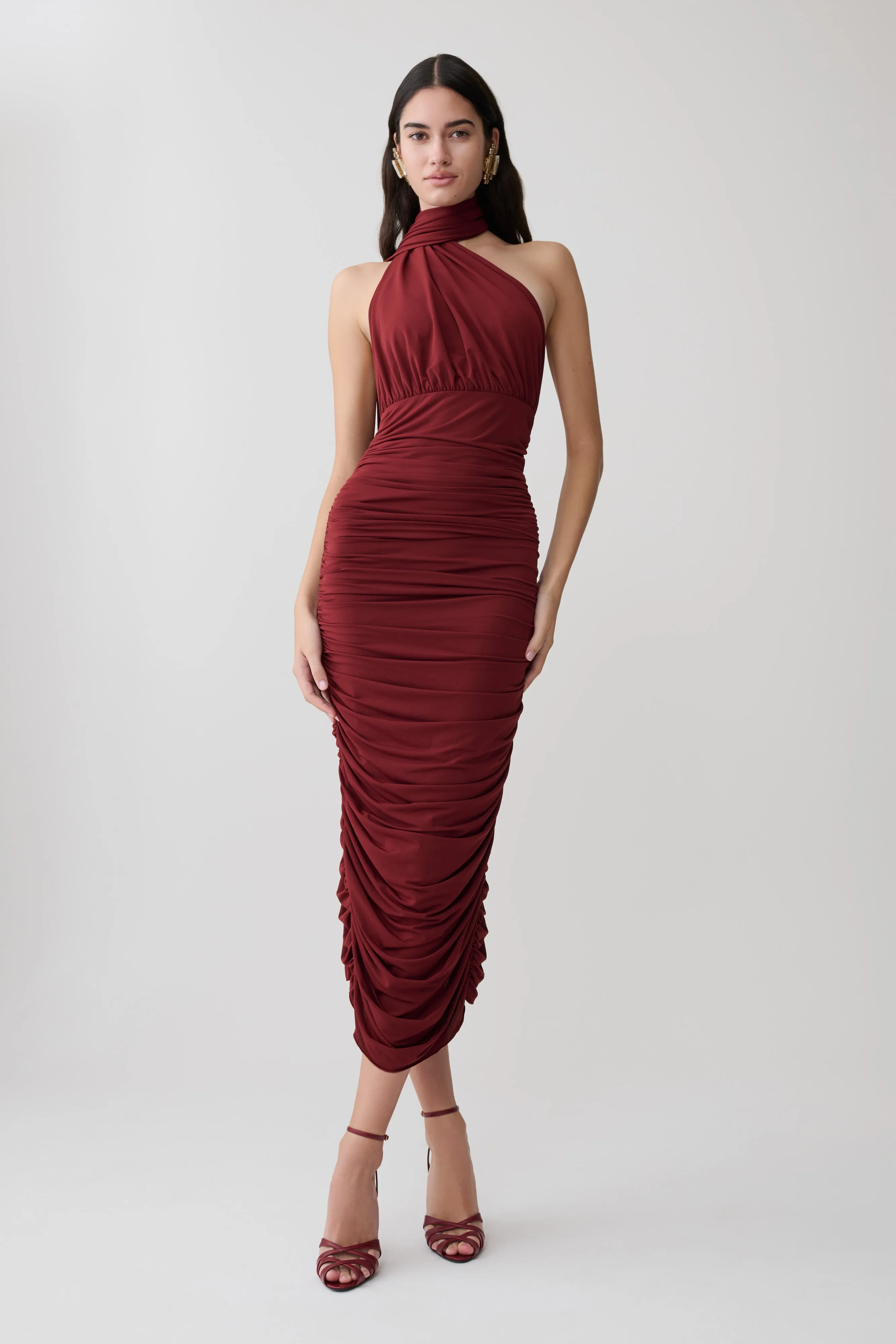 Giannie Draped Midi Dress - Merlot sold by Meshki