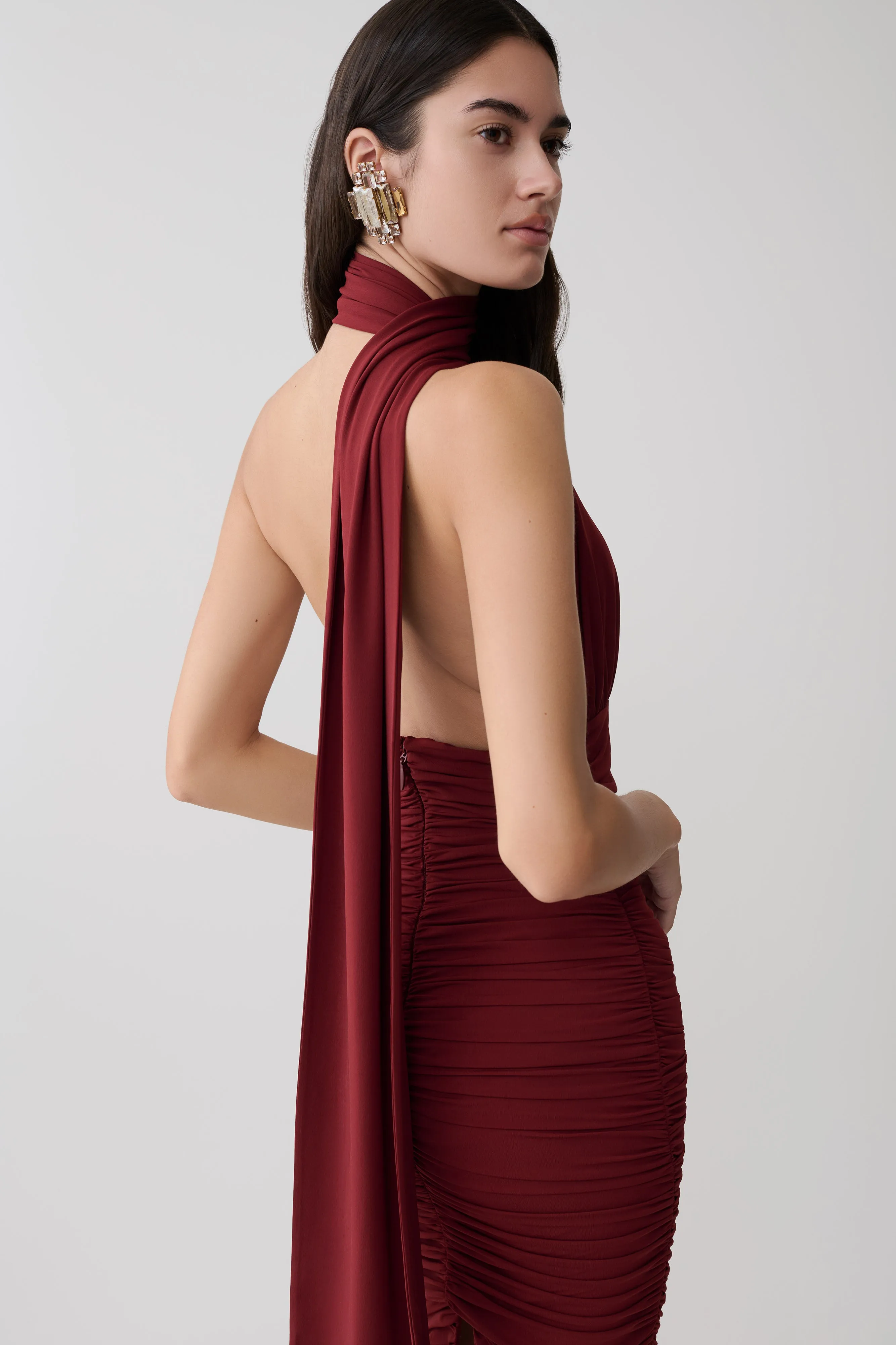 Giannie Draped Midi Dress - Merlot sold by Meshki product image thumbnail 3