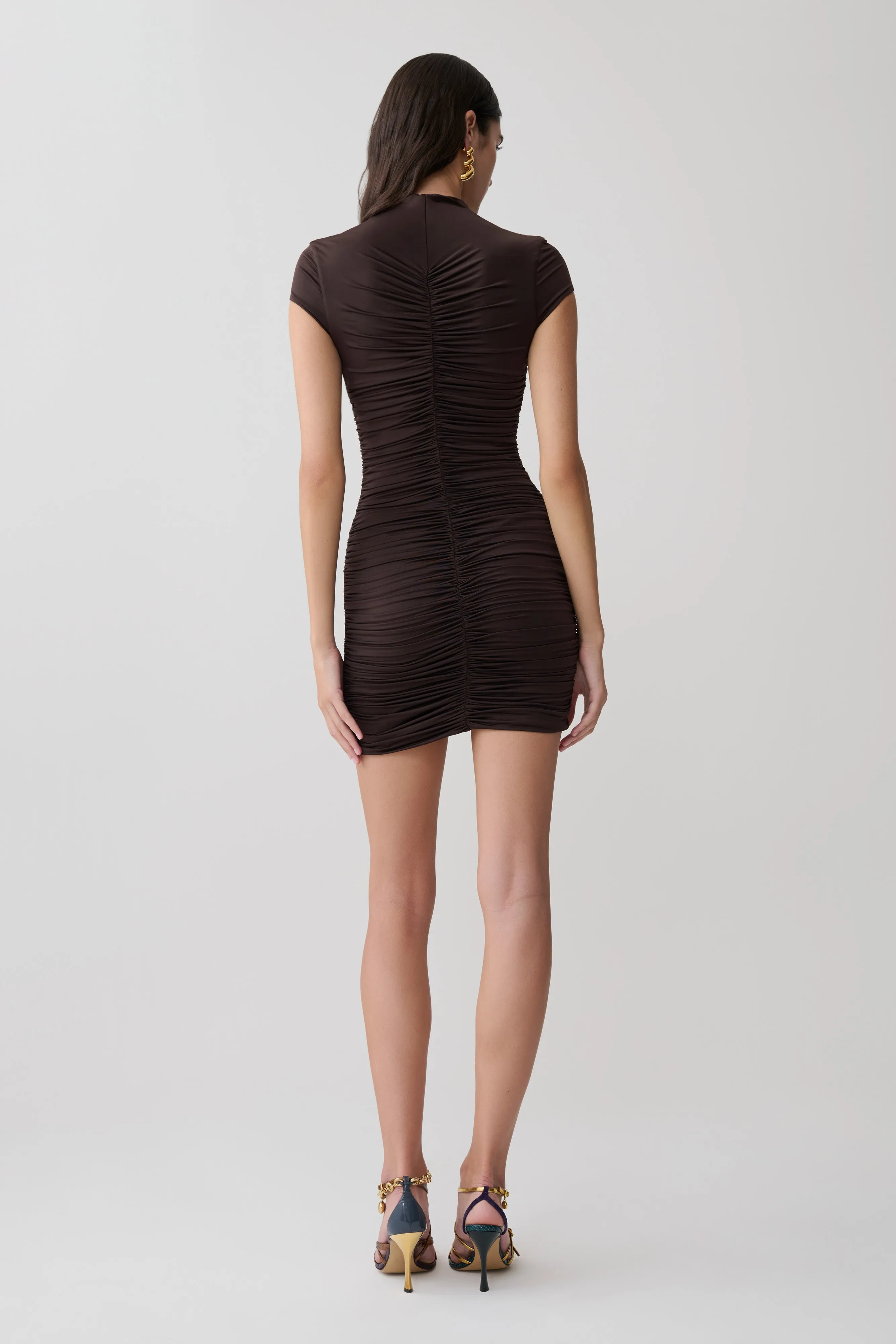 Alphine Gathered Short Sleeve Mini Dress - Chocolate sold by Meshki product image thumbnail 2