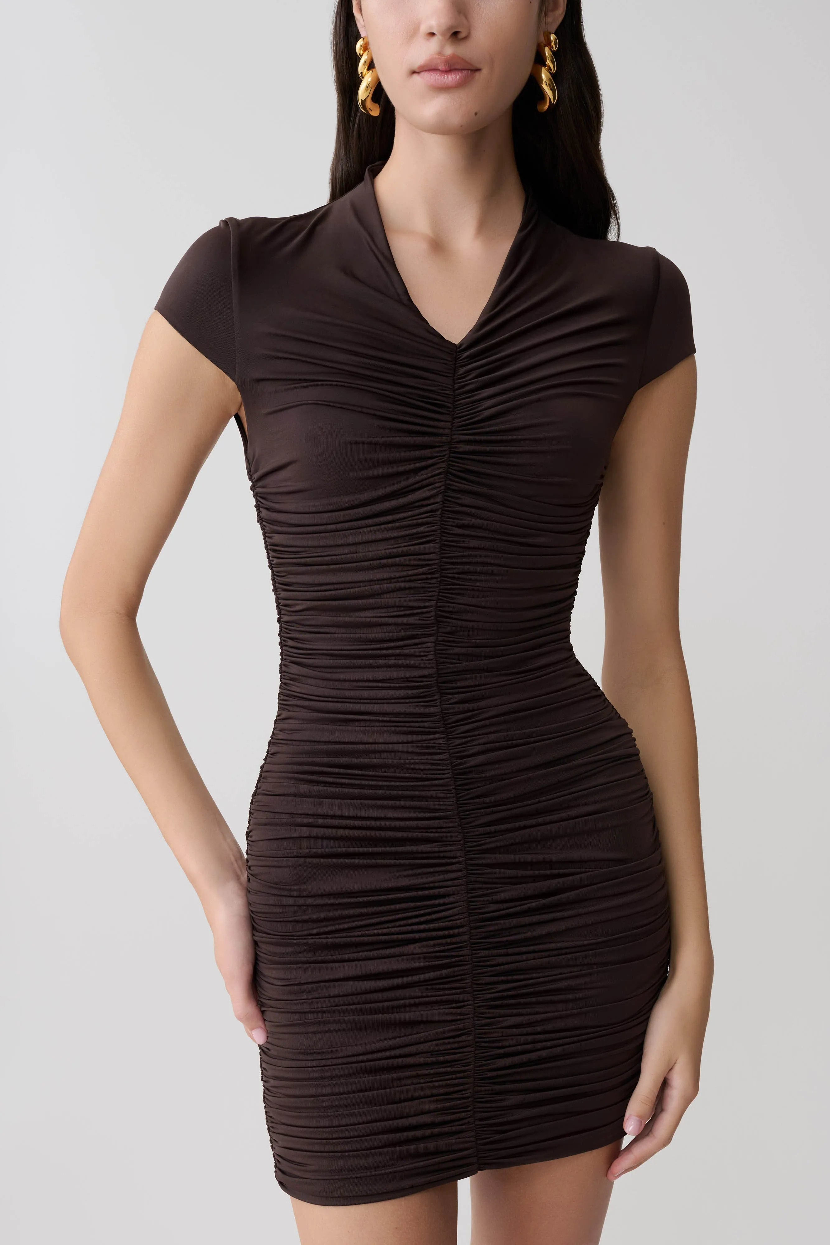 Alphine Gathered Short Sleeve Mini Dress - Chocolate sold by Meshki product image thumbnail 3