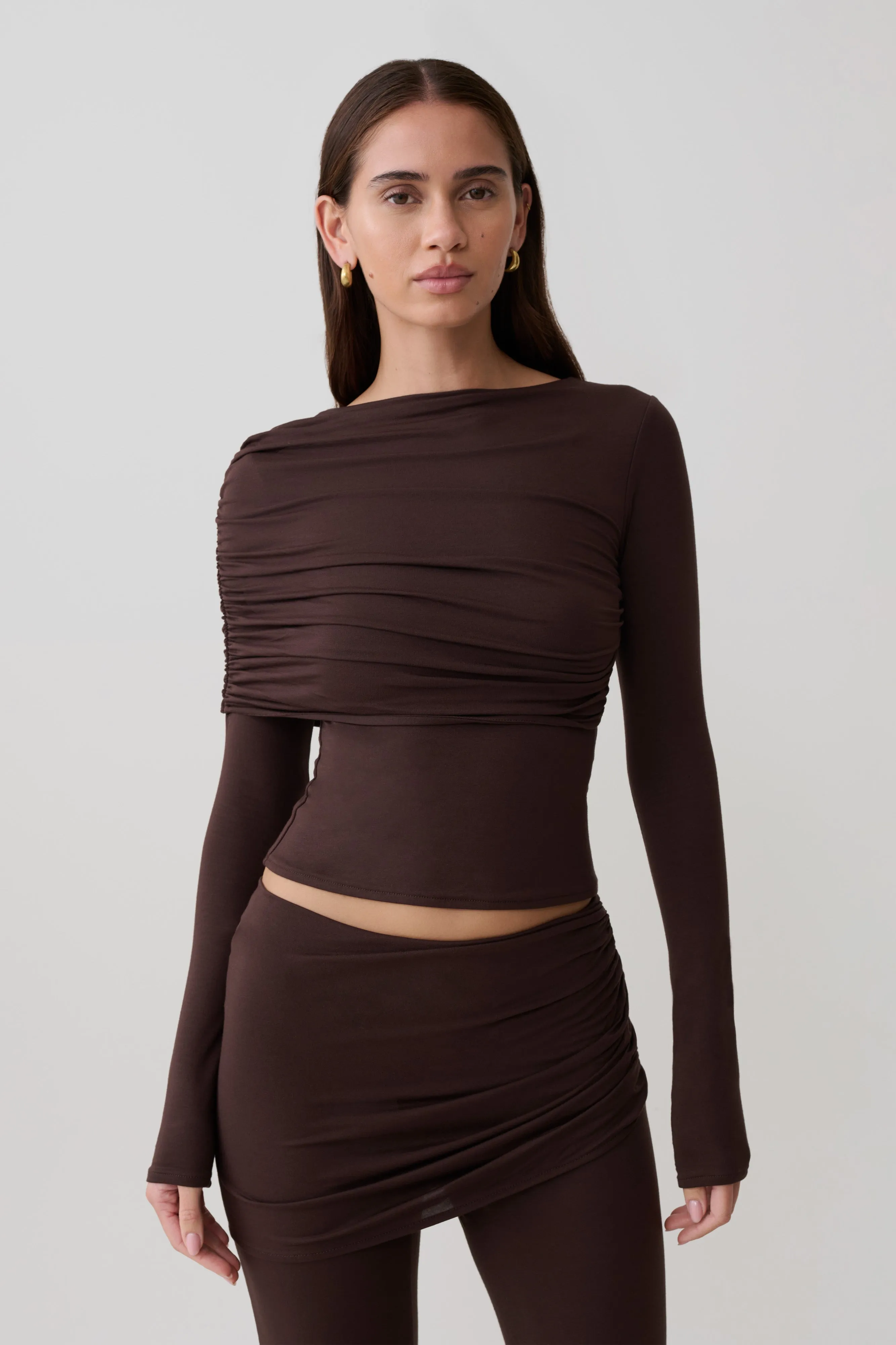 Keaton Modal Long Sleeve Overlay Top - Espresso sold by Meshki