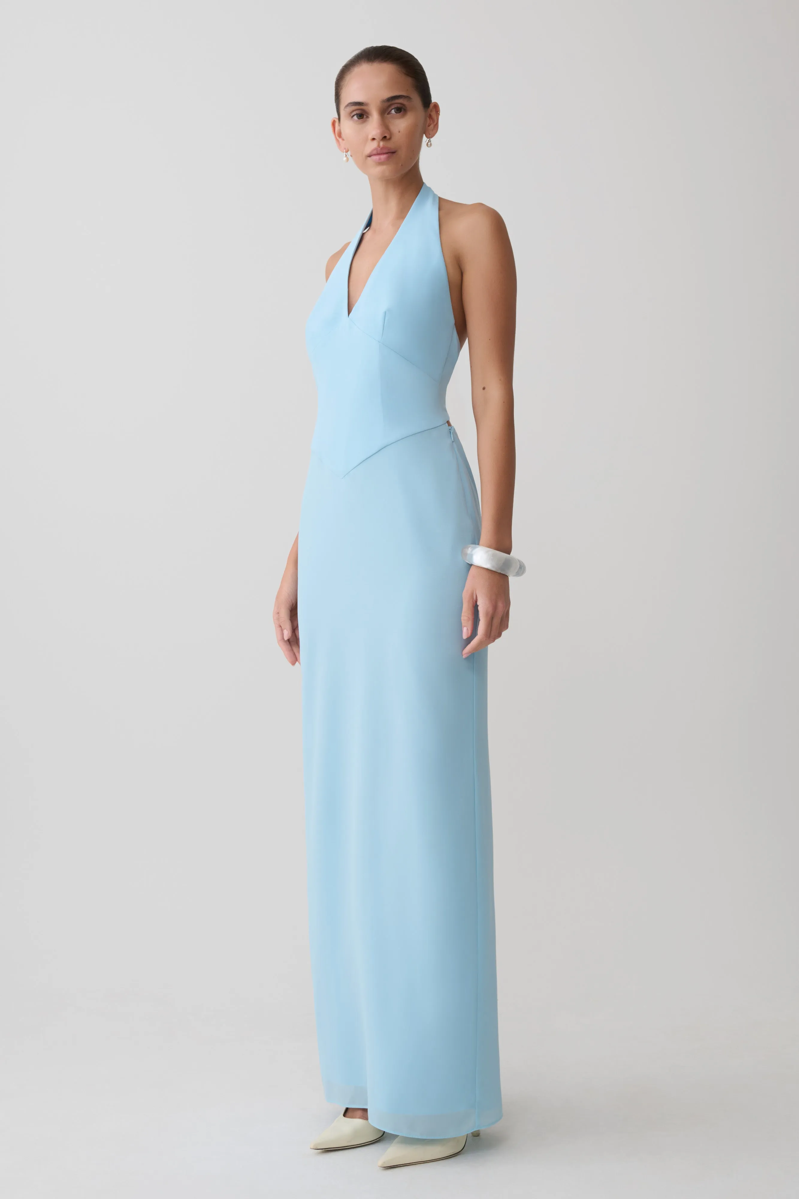 Valentina Chiffon Halter Maxi Dress - Pale Blue sold by Meshki product image thumbnail 4