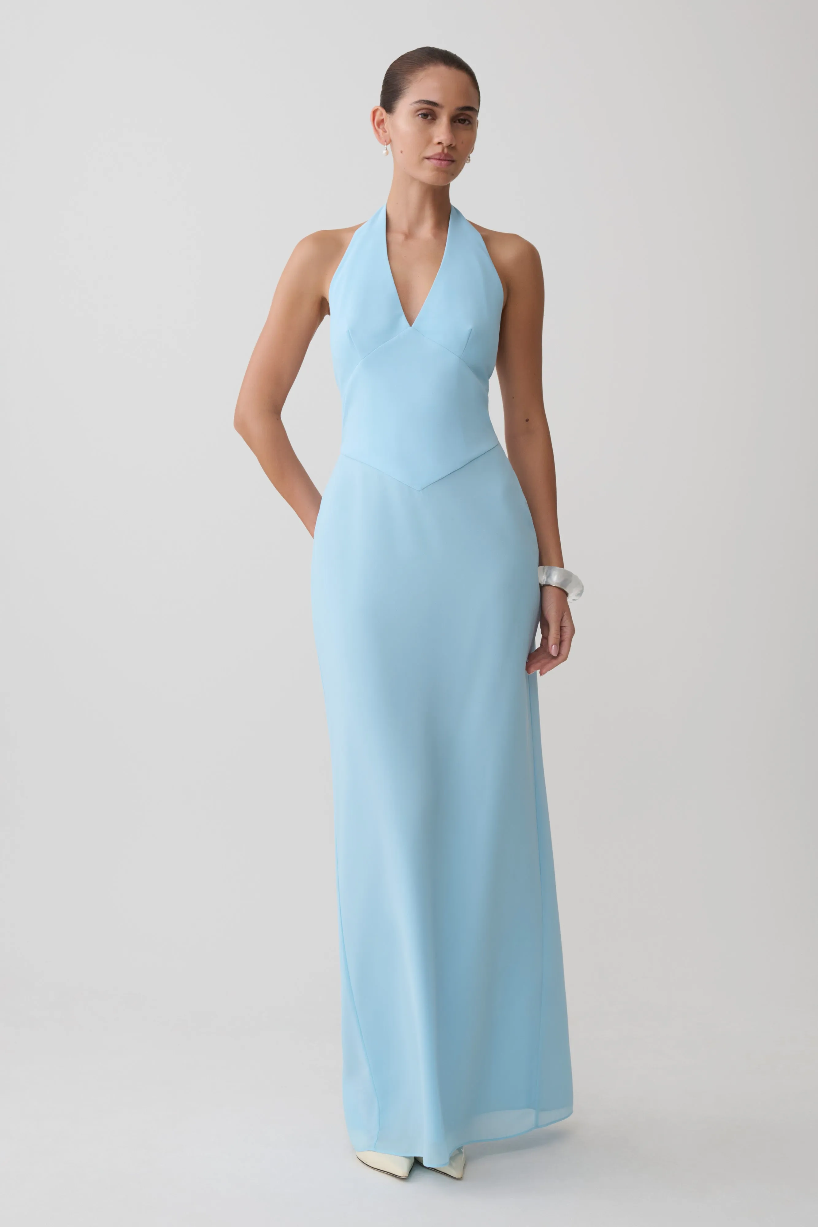 Valentina Chiffon Halter Maxi Dress - Pale Blue sold by Meshki product image thumbnail 5