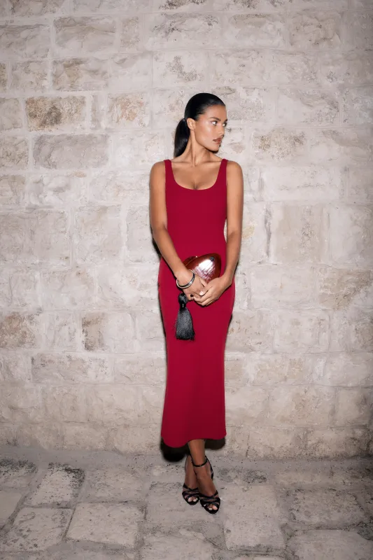 Allyra Scoop Stretch Crepe Midi Dress - Red made by Meshki