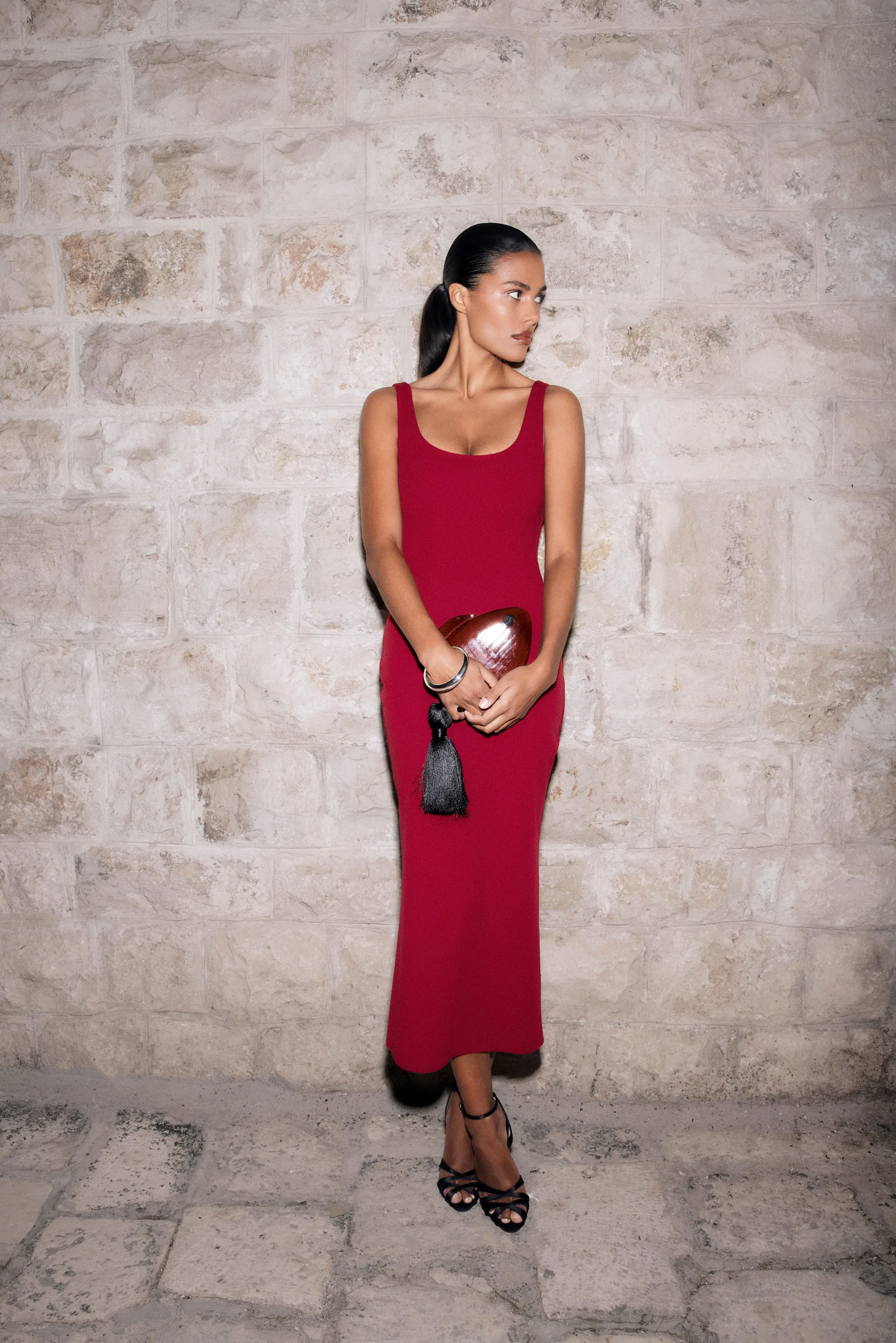 Allyra Scoop Stretch Crepe Midi Dress - Red sold by Meshki