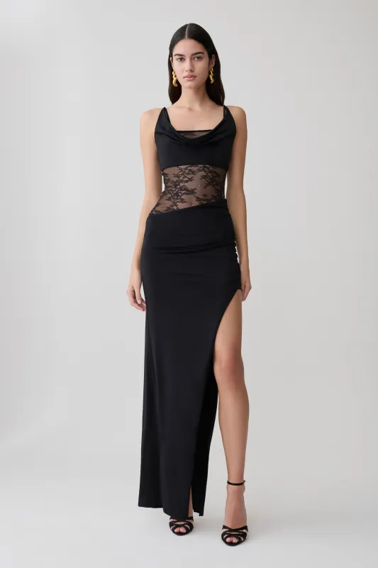 Kelela Draped Slinky And Lace Maxi Dress - Black made by Meshki